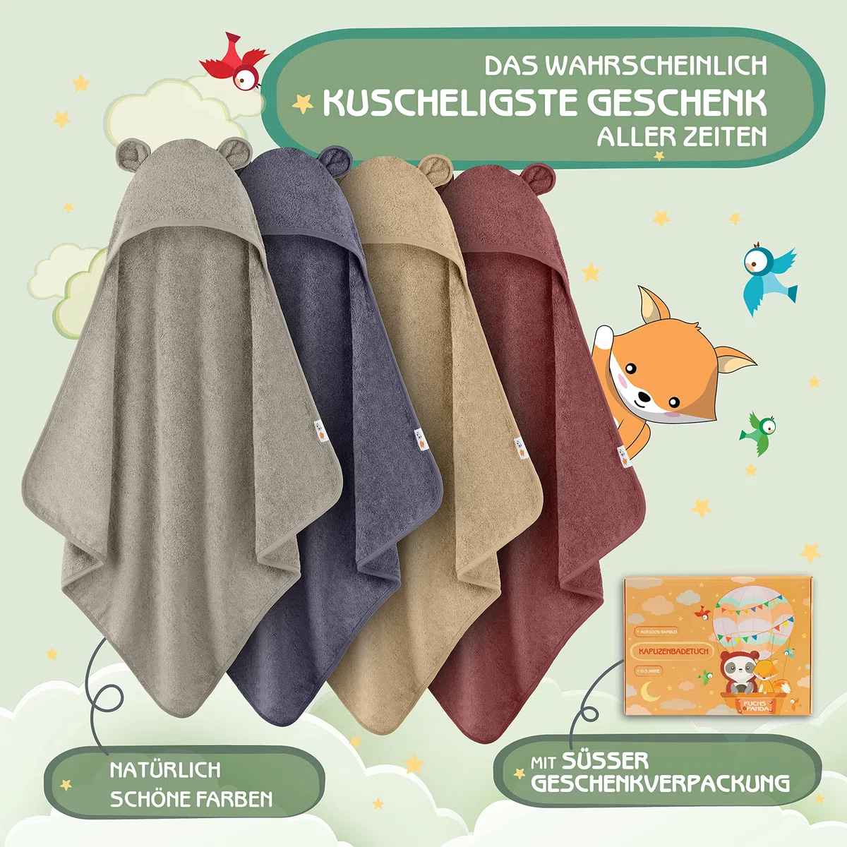 FUCHSUNDPANDA Toalla con capucha para bebé, extragruesa, cálida y suave, 75 x 75 cm, toalla de bebé con capucha, 100% bambú, toalla de mano para bebé con capucha con gran envoltorio de regalo (verde