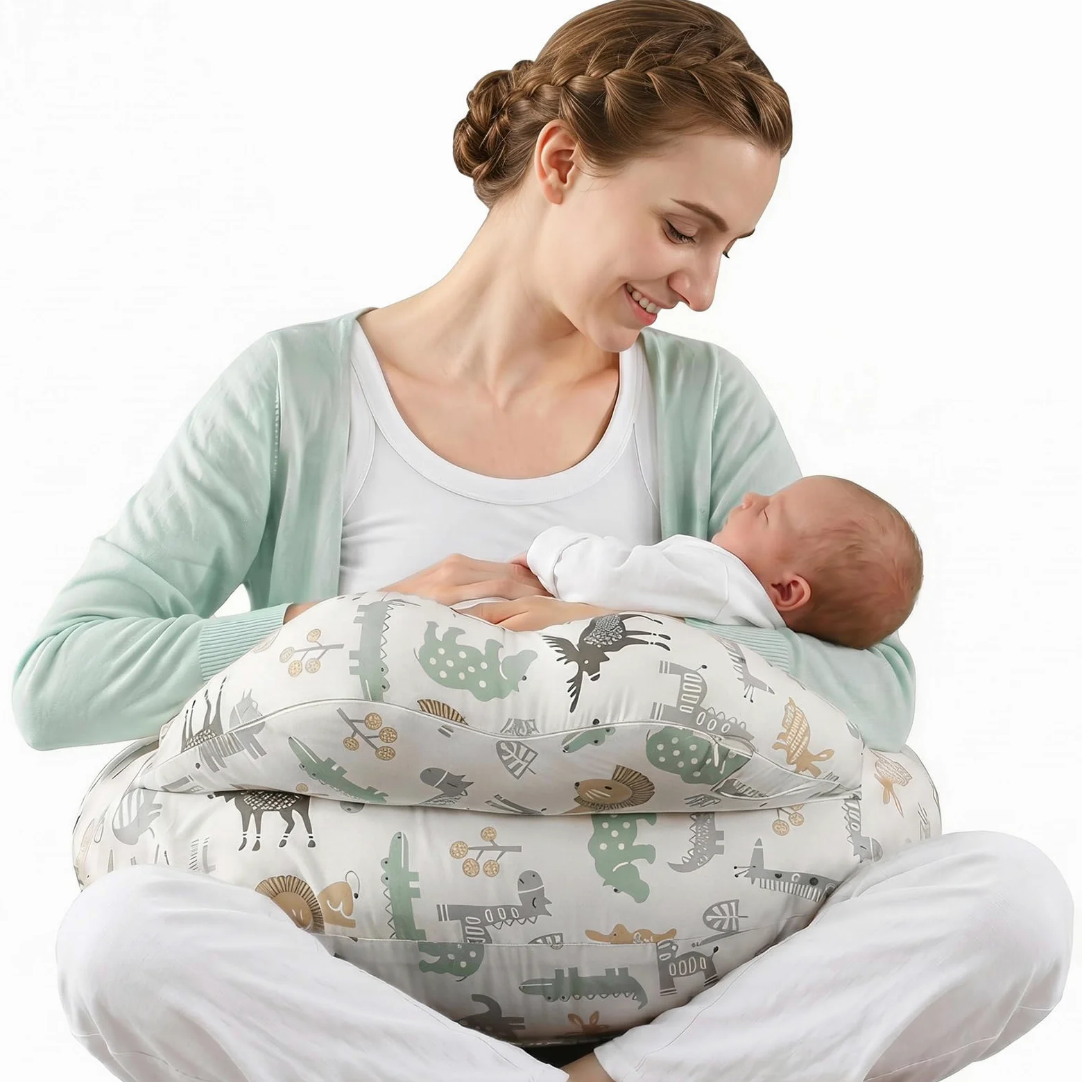 SHANNA Cojin Lactancia Bebe y Almohada Embarazada Dormir XXL Multifuncion Funda Cojin 100% Algodon Incluye Funda Extraíble y Lavable y Soporte de Correa de Cintura Ajustable (Animales del Bosque)