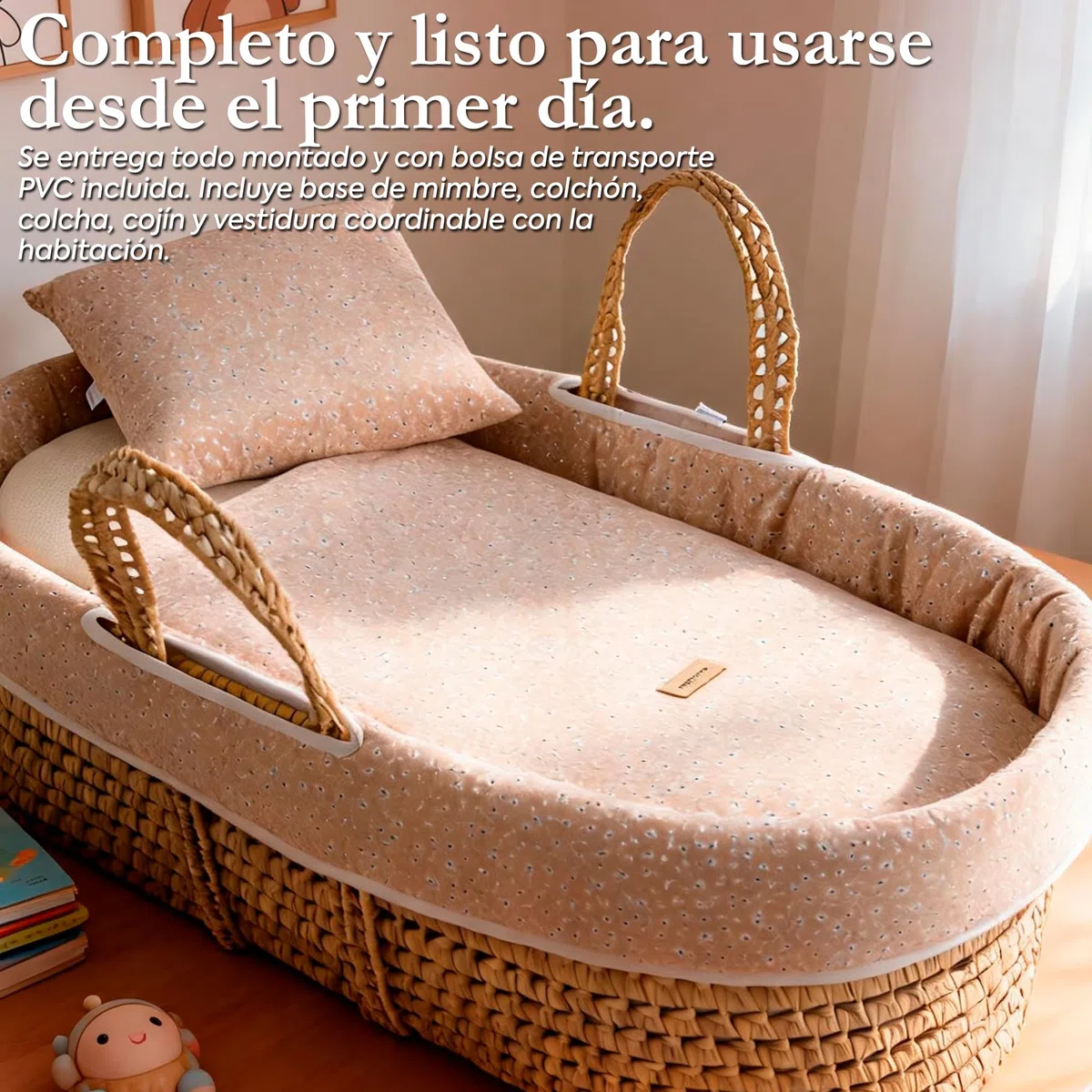 Cambrass Moises de Palma UNE Completo para Bebe Recien Nacido con Vestidura Acolchada y Colchon de Seguridad Higienica en Palma Tratada 39x80x25 CM Ardi Verde.