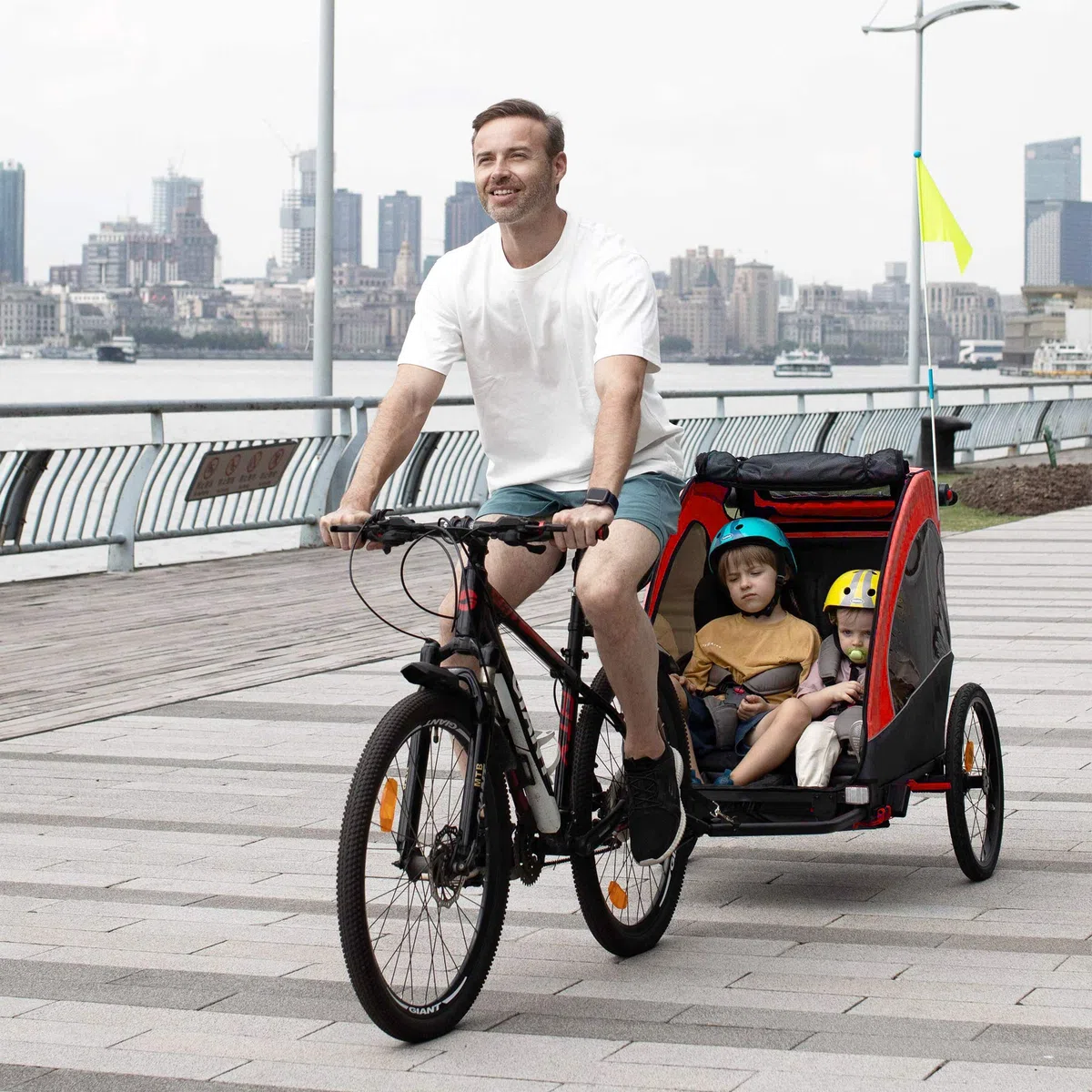 HOMCOM Remolque Infantil 3en1 para Bicicleta Carro de 2 Plazas para Niños de +6 Meses Plegable Ruedas Giratorias y Manillar Ajustable 150x85x107 cm