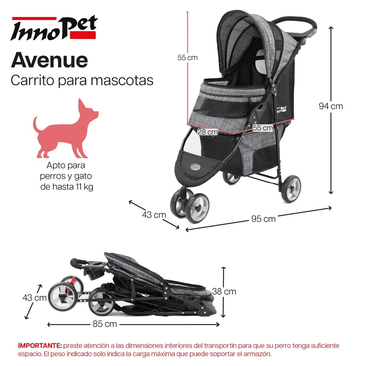 Innopet Avenue gris mezclado - Cochecito urbano plegable de 3 ruedas para perros y gatos, incluye cubierta de lluvia, correas de seguridad y cesta inferior