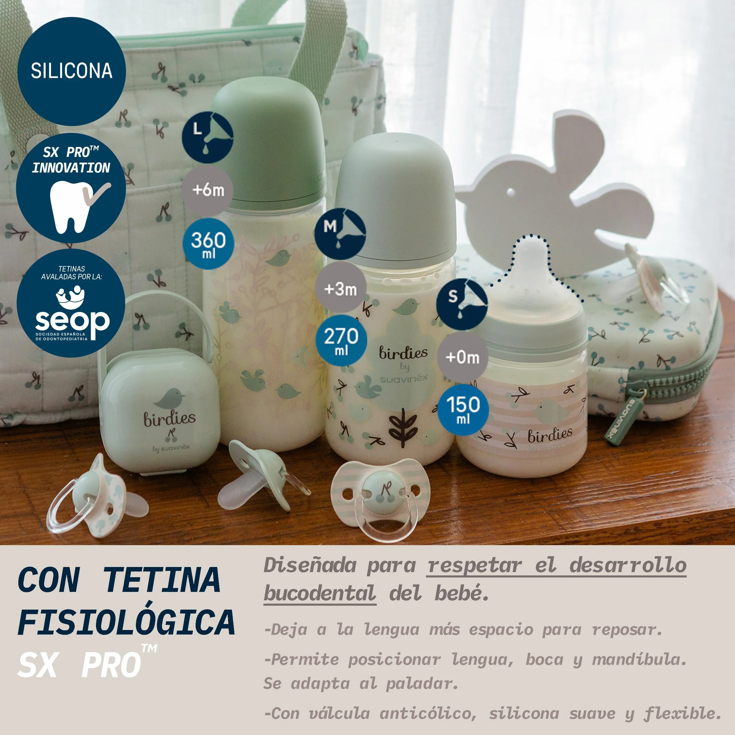 Suavinex, Set Biberones Recién Nacido, Pack Regalo con: 2 x 270 ml Flujo Medio + 2 x 150 ml Flujo Lento + Chupete de 0 a 6 Meses, Tetinas Fisiológicas SX Pro de Silicona, 5 Pcs, +0M, Birdies Verde