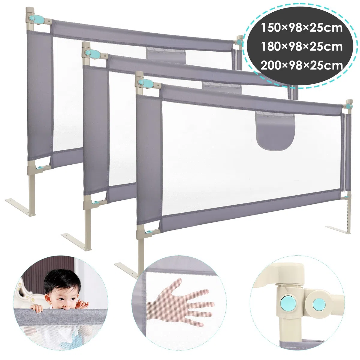 Barrera Seguridad Niños Cama, Barandilla Cama 180+200+200cm, Protección Anticaídas con Malla Transpirable, Barandilla Regulable en Altura 69-98 cm, Pasamanos con Bolsillo Lateral, Apto para Boxspring