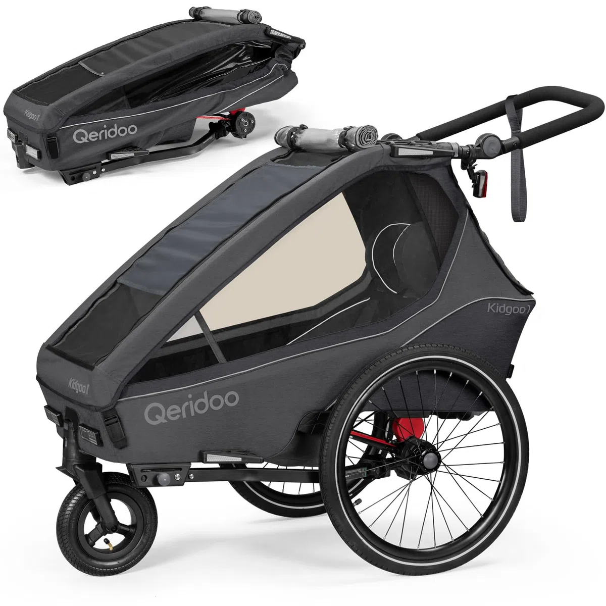 Qeridoo Kidgoo 1 Steel Grey | Remolque de bicicleta para 1 niño | Remolque de bicicleta infantil con suspensión & Easy ARS | Carrito de paseo para niños | Remolque de bicicleta infantil plegable |