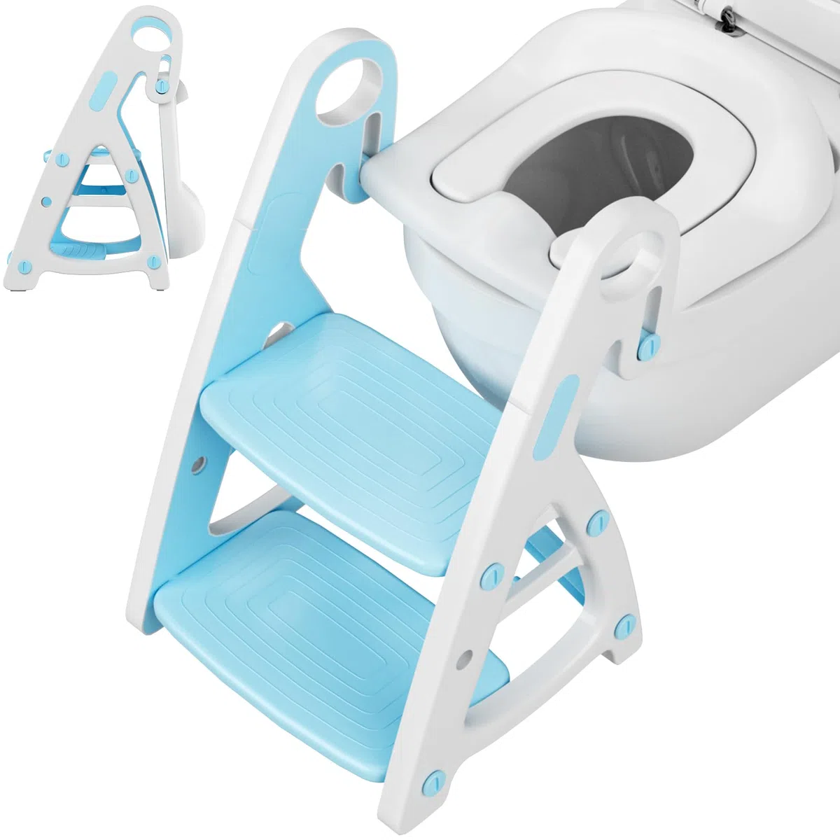 Adaptador WC Niños con Escalera, Reductor Portatil Escalón Infantil Baño 2 en 1, Orinal con Acolchado de Poliuretano, Escalones Ampliados, Soporte Triangular, Azul