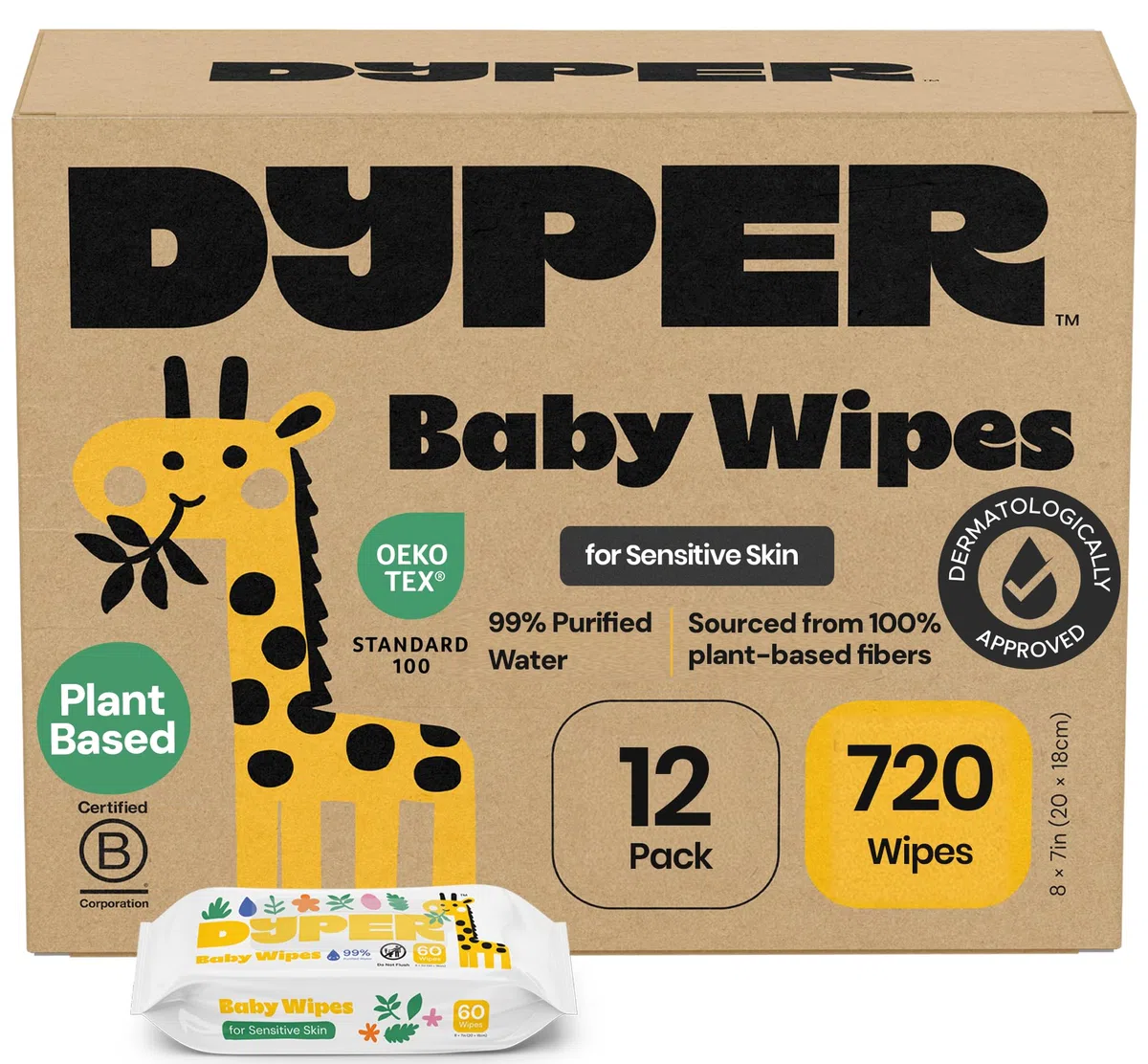 DYPER Toallitas a base de plantas para niños pequeños y bebés, mezcla de viscosa y lyocel, hipoalergénicas para pieles sensibles, sin perfume, 99% toallitas a base de agua para cara y manos, 720