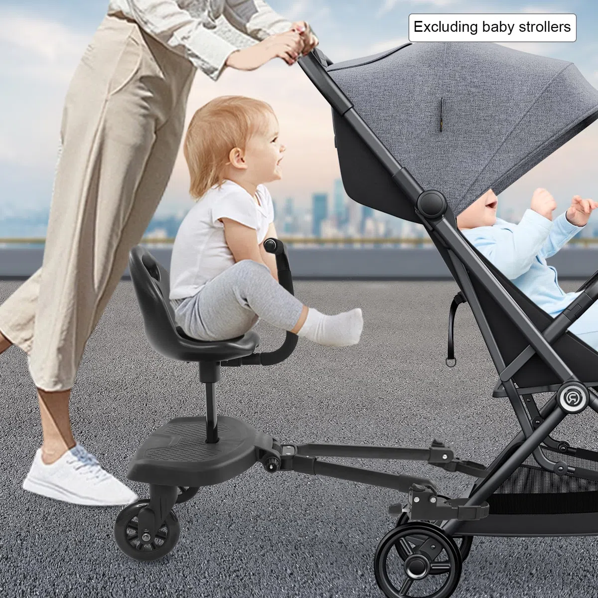 Buggyboard con asiento, portátil, tabla de paseo para cochecito, accesorio universal para niños de 2 a 6 años, capacidad de carga 50 kg