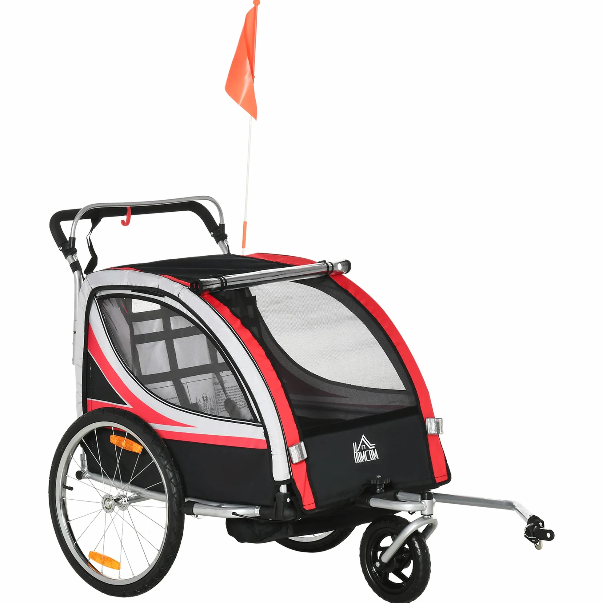 HOMCOM Remolque de bicicleta 2 en 1, con puerta de malla para 2 niños, cochecito con freno, colgante con bolsa de almacenamiento, tela Oxford, rojo+negro, 142 x 75 x 101 cm
