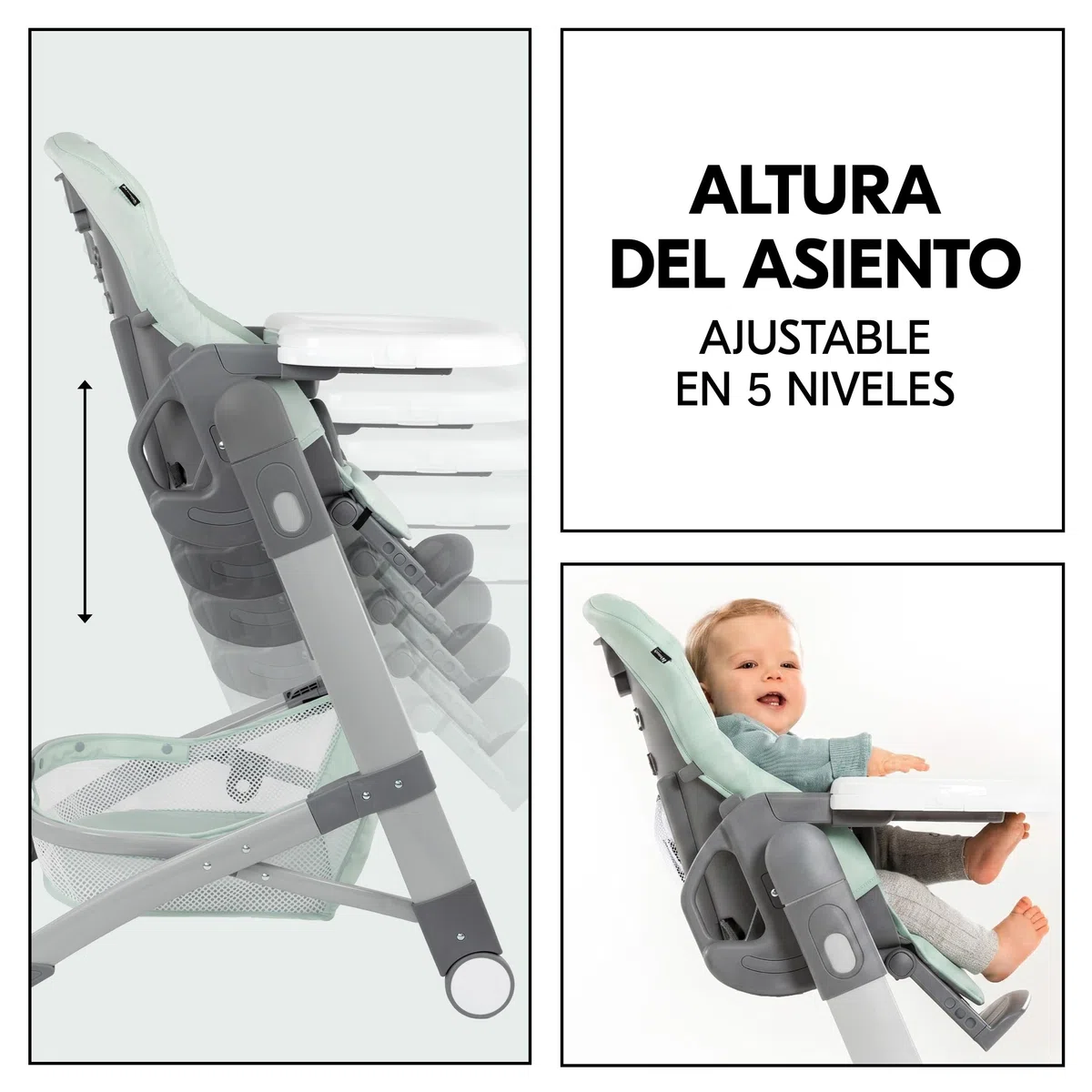 hauck Grow Up Tronas de Bebe Plegables Aptas desde el Nacimiento – Silla Alta con Función Acostada - Bandeja - Ruedas - Altura Regulable - Evolutiva - Portátil - Menta