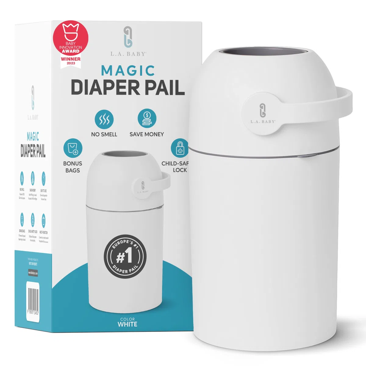 L.A. BABY Cubo mágico para pañales, sistema patentado 100% libre de olores con bloqueo seguro para niños, diseño galardonado, no requiere recargas, funciona con bolsas de basura regulares, color