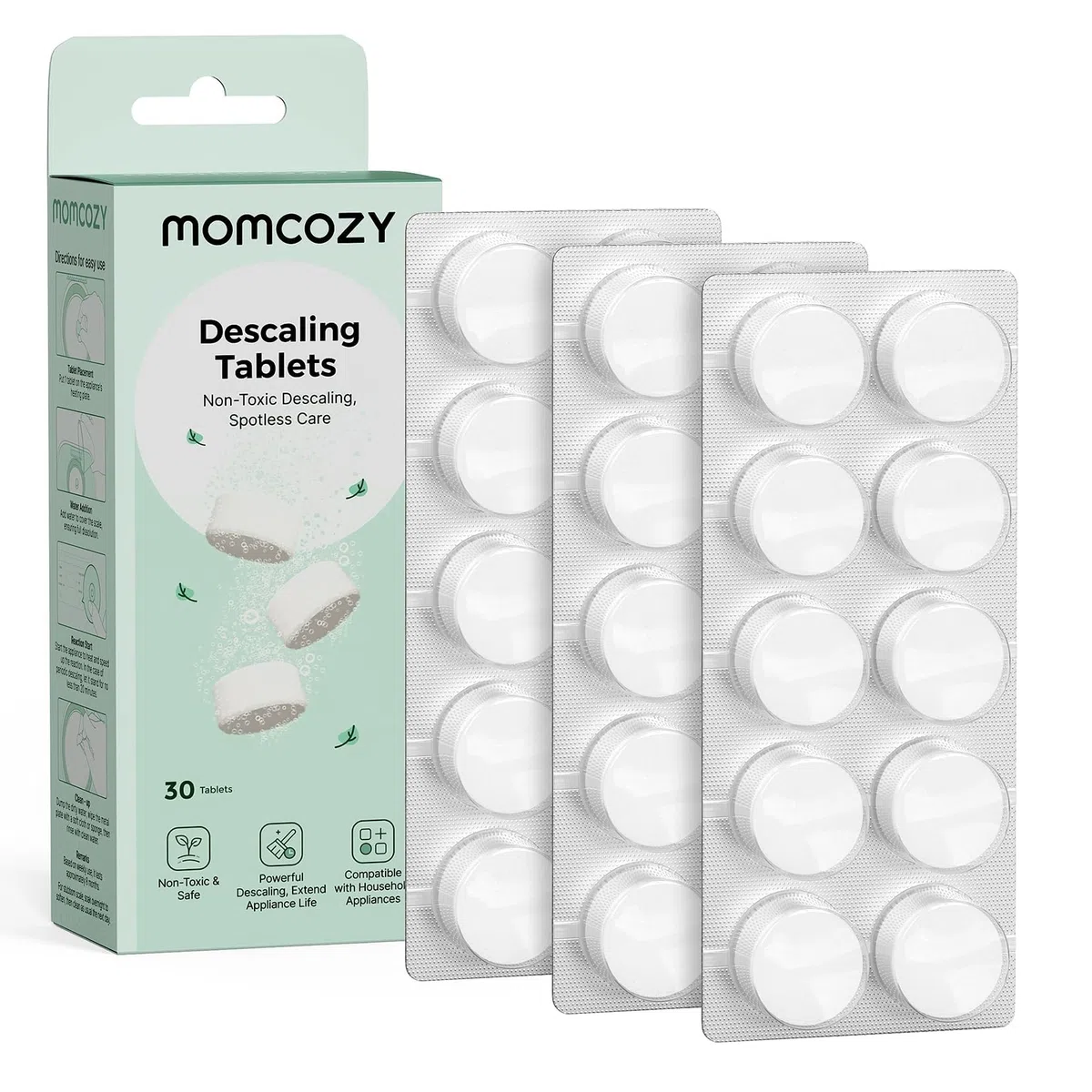 Momcozy Pastillas Descalcificadoras Originales, compatibles con sacaleches Momcozy, calentadores de biberones y esterilizadores; eliminan restos de leche y cal, paquete de 30 unidades