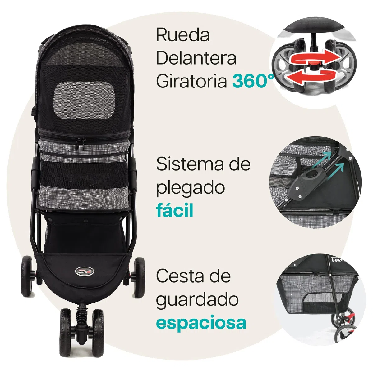 Innopet Avenue gris mezclado - Cochecito urbano plegable de 3 ruedas para perros y gatos, incluye cubierta de lluvia, correas de seguridad y cesta inferior