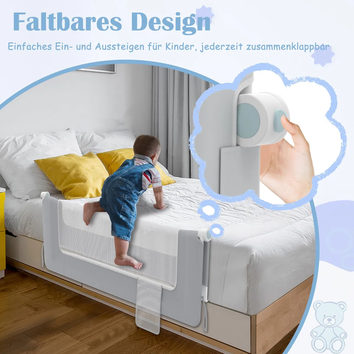 NAIZY Protección anticaídas para cama barandilla 180cm plegable barrera de cama bebé con bolsillos de almacenamiento, barrera protectora de cama ajustable en altura barrera para cama infantil para