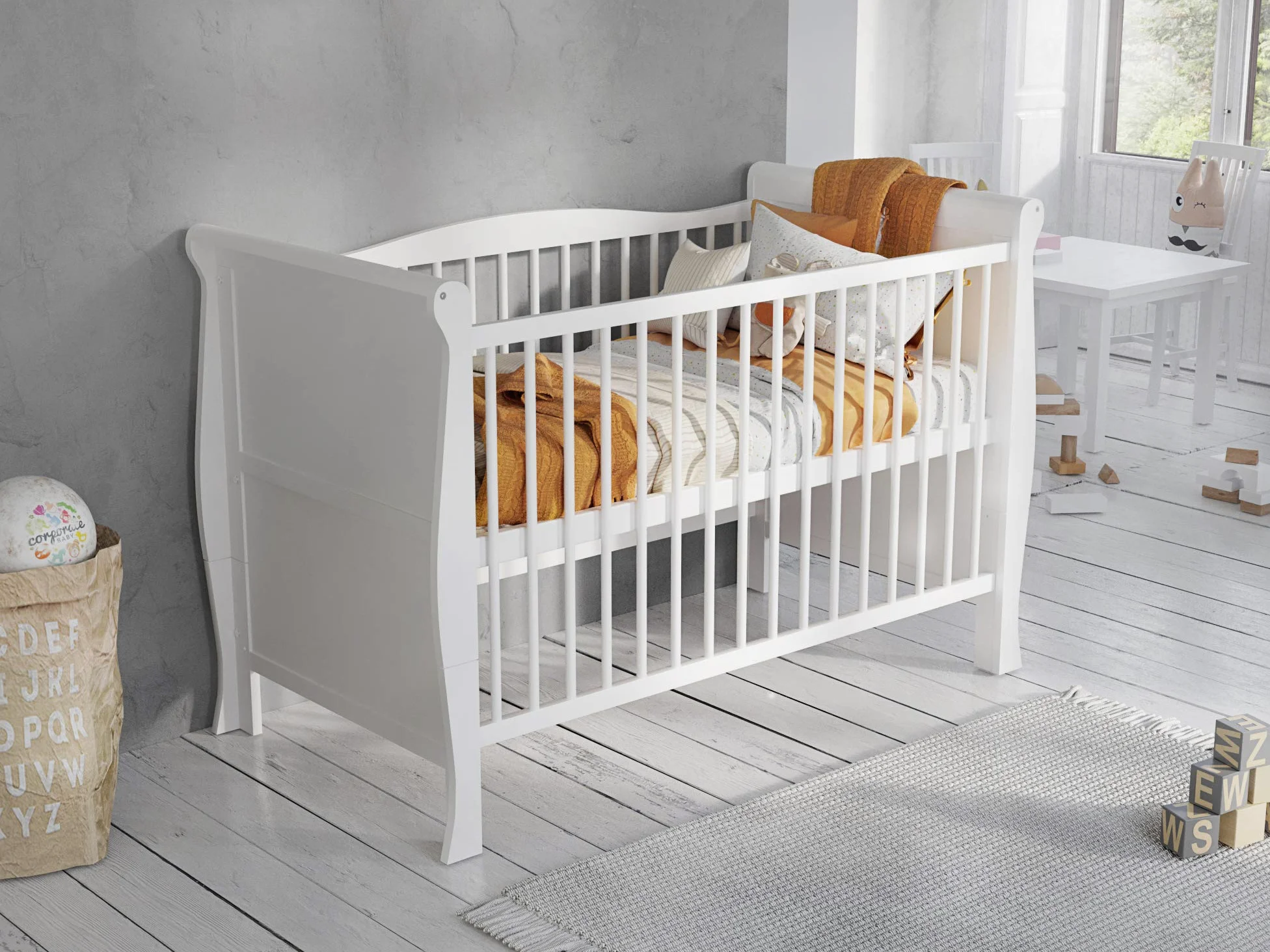 Love For Sleep Cuna Bebe Convertible en Cama 120x60 cm Leo de Madera de Pino Color Blanco– Cuna-Cama para Bebé Convertible en Sofá o Cama Junior