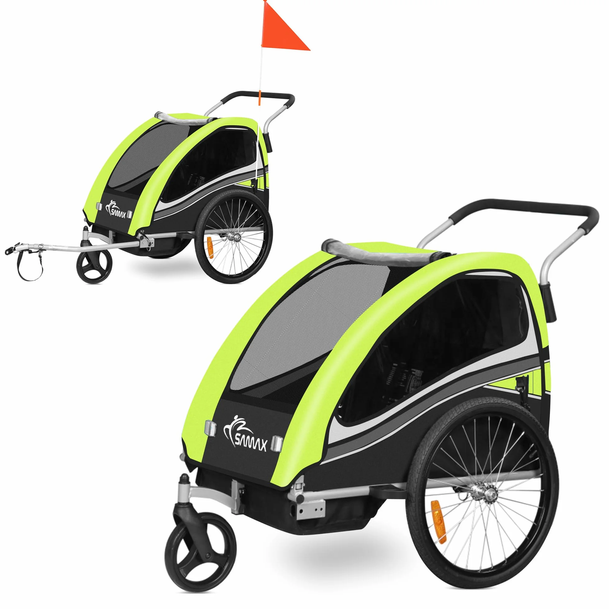 SAMAX Remolque de Bicicleta para Niños 360° girable Kit de Footing Transportín Silla Cochecito Carro Suspensíon Infantil Carro en Verde - Black Edition