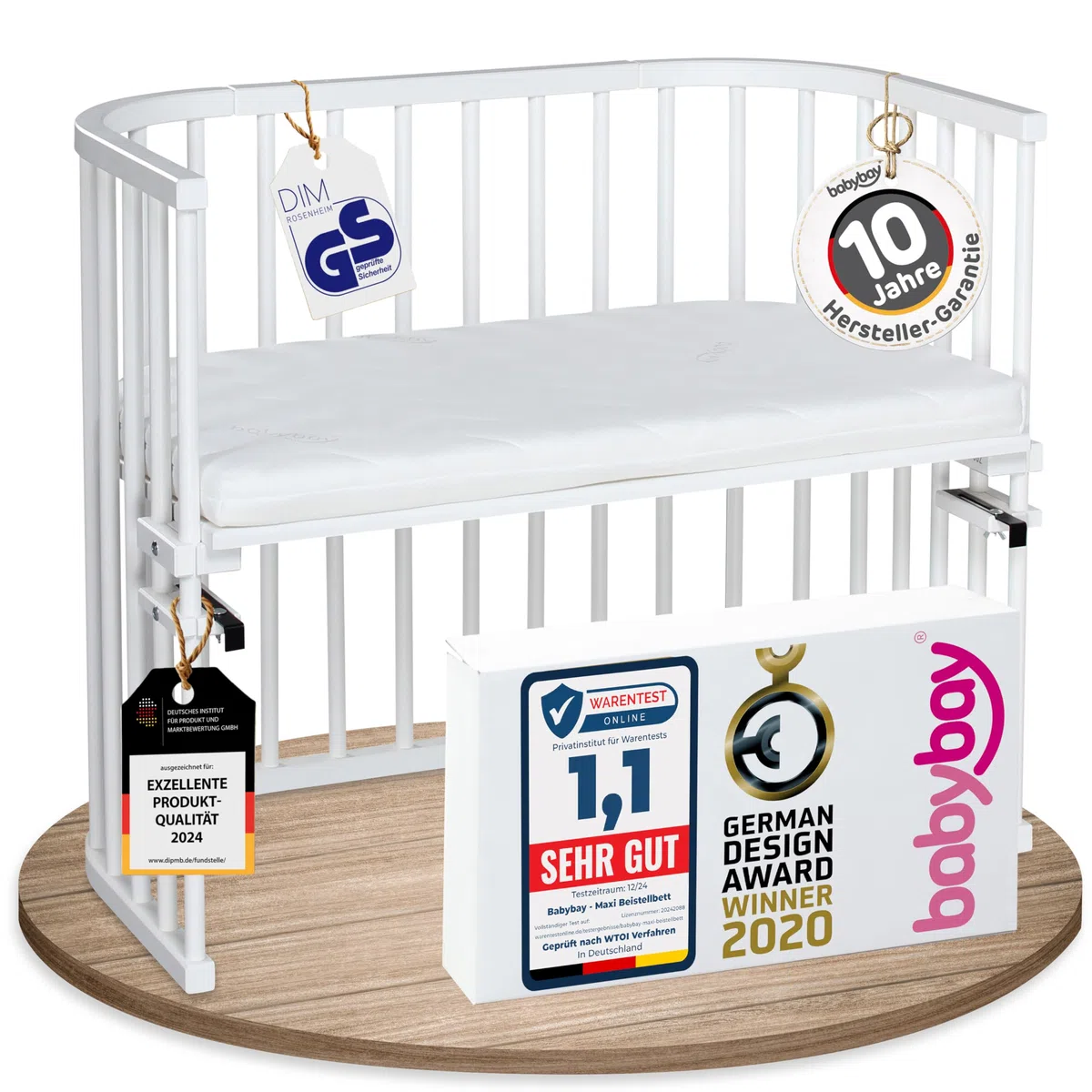Babybay Maxi cuna colecho de madera de haya maciza con colchón Classic Soft para el día y la noche/Cuna regulable en altura & ecológica/Cuna que crece con el niño