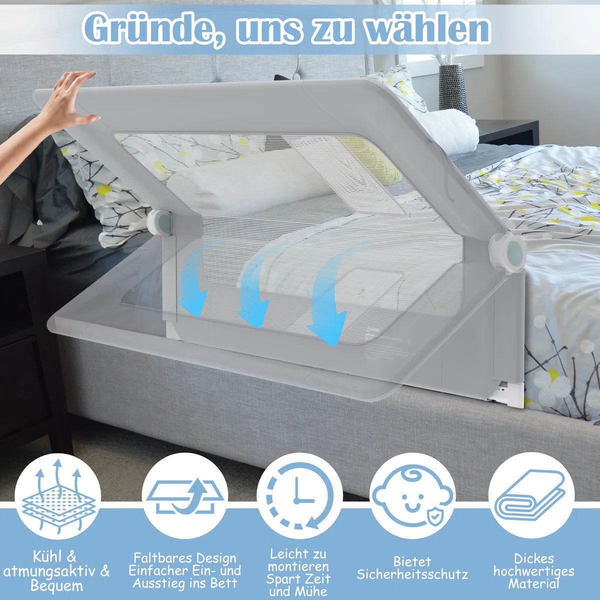 NAIZY Protección anticaídas para cama barandilla 180cm plegable barrera de cama bebé con bolsillos de almacenamiento, barrera protectora de cama ajustable en altura barrera para cama infantil para