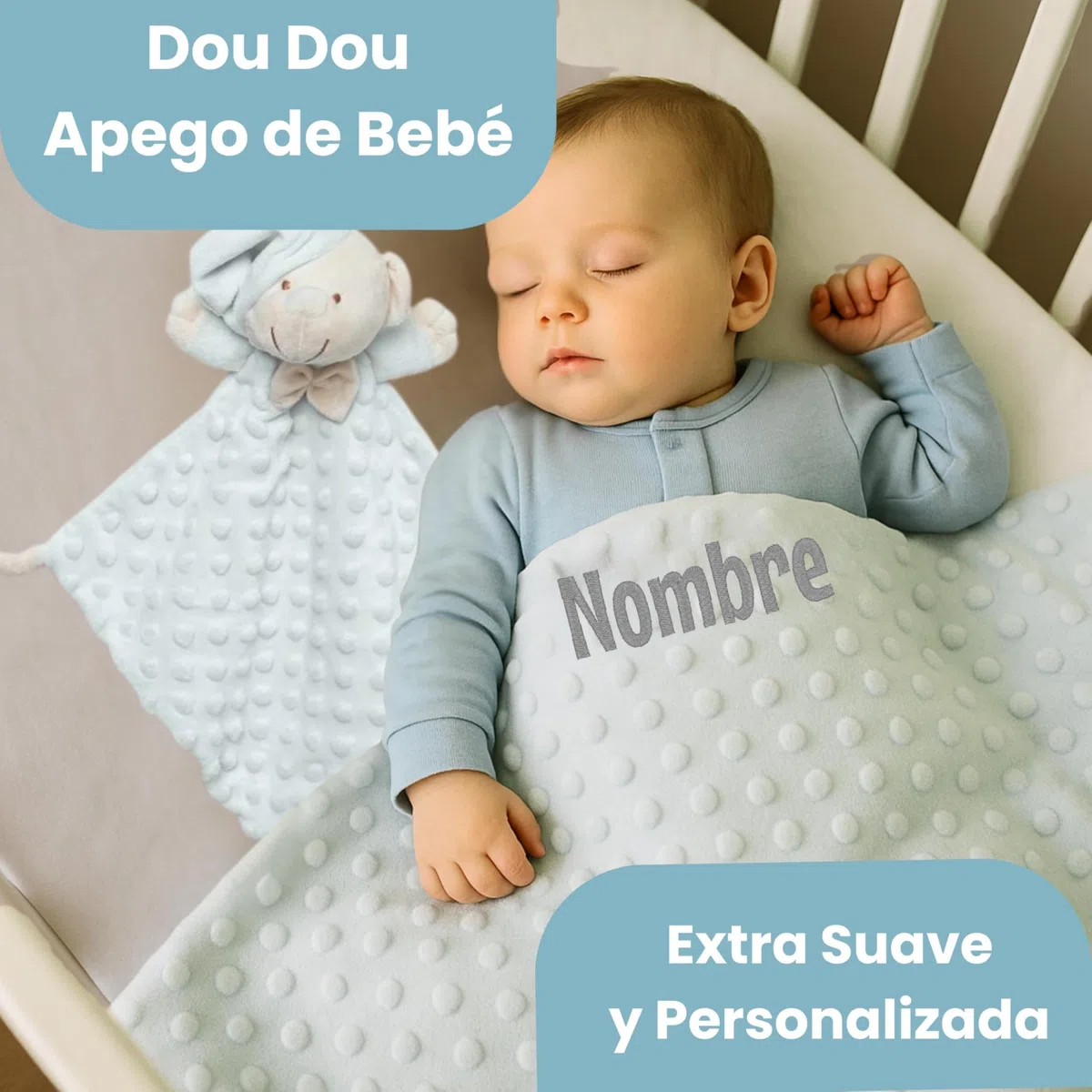 Canastilla Menta Deluxe, Manta Personalizada, Dou Dou, Muselina de Algodón, Chupete Grabado, Marco con Significado del Nombre y Set de Higiene, Regalo para Bebé Unisex