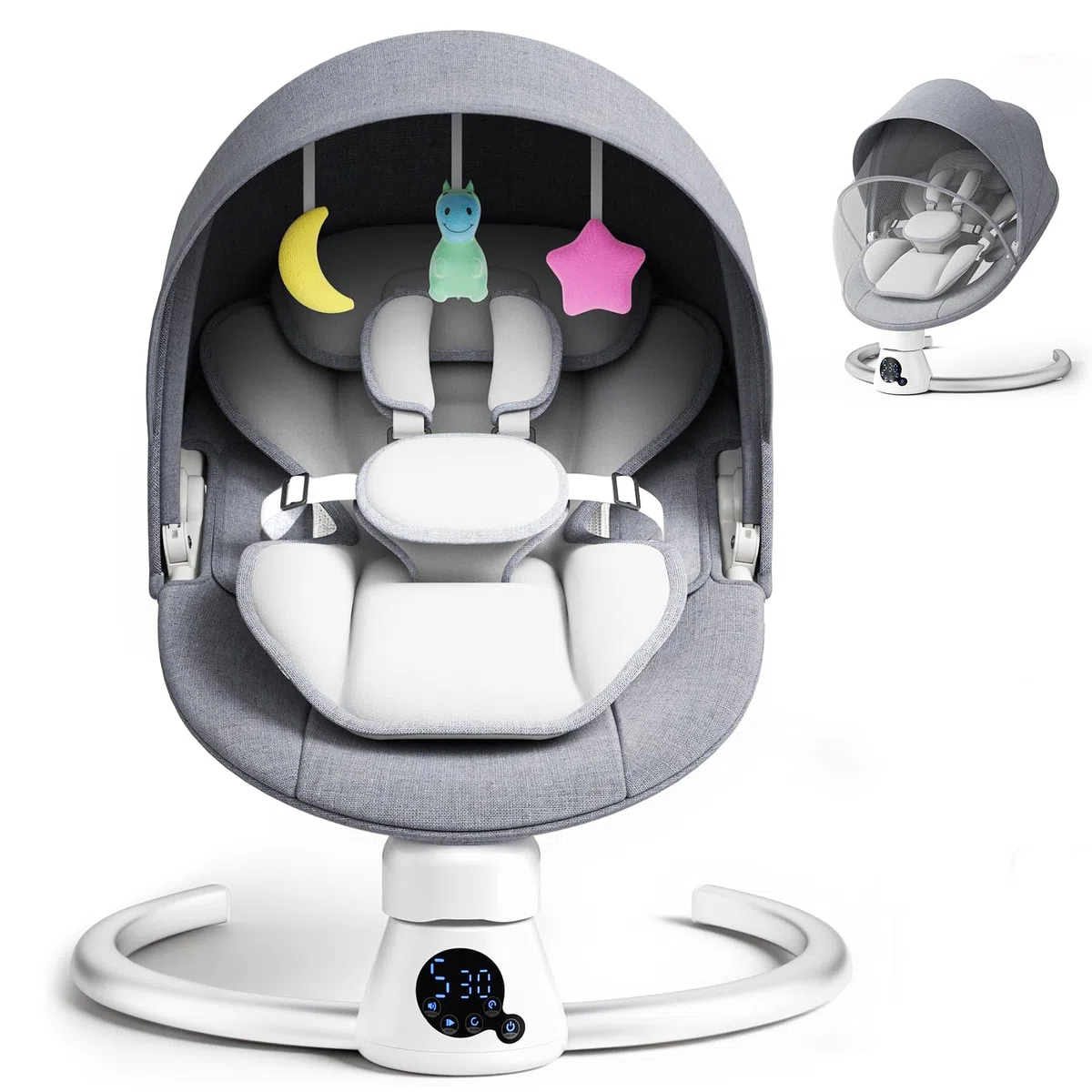 Hamaca Eléctrica para Bebé con Mando a Distancia y App,Mecedora con 5 Velocidades de Balanceo,3 Temporizadores,Arnés de 5 Puntos,2 Posiciones del Asiento,Silla Mecedora para 0-9 kg de Bebé-Gris