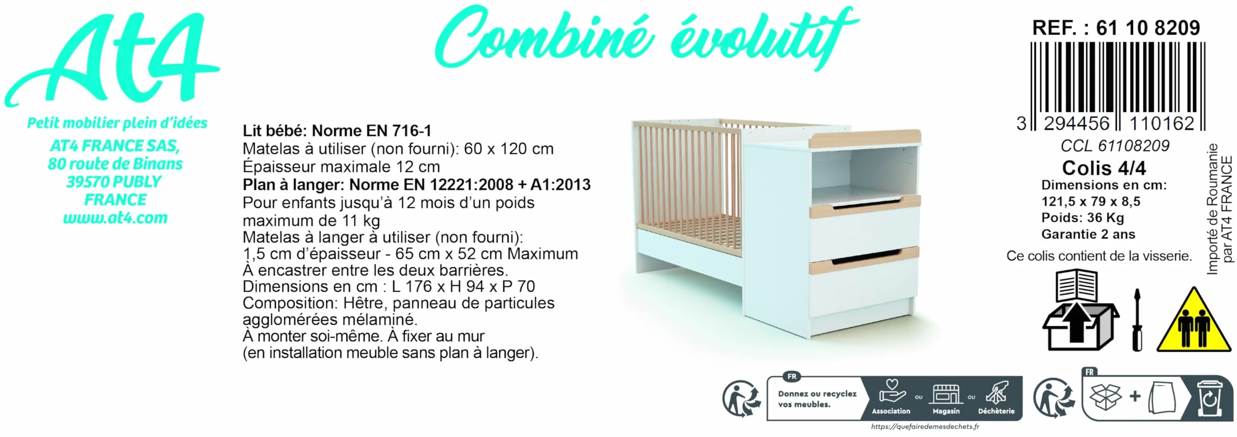 AT4 - Cuna bebé y cómoda cambiador CARROUSEL madera - Blanco/Haya Barnizada - 60 x 120-194 x 94 x 70 cm