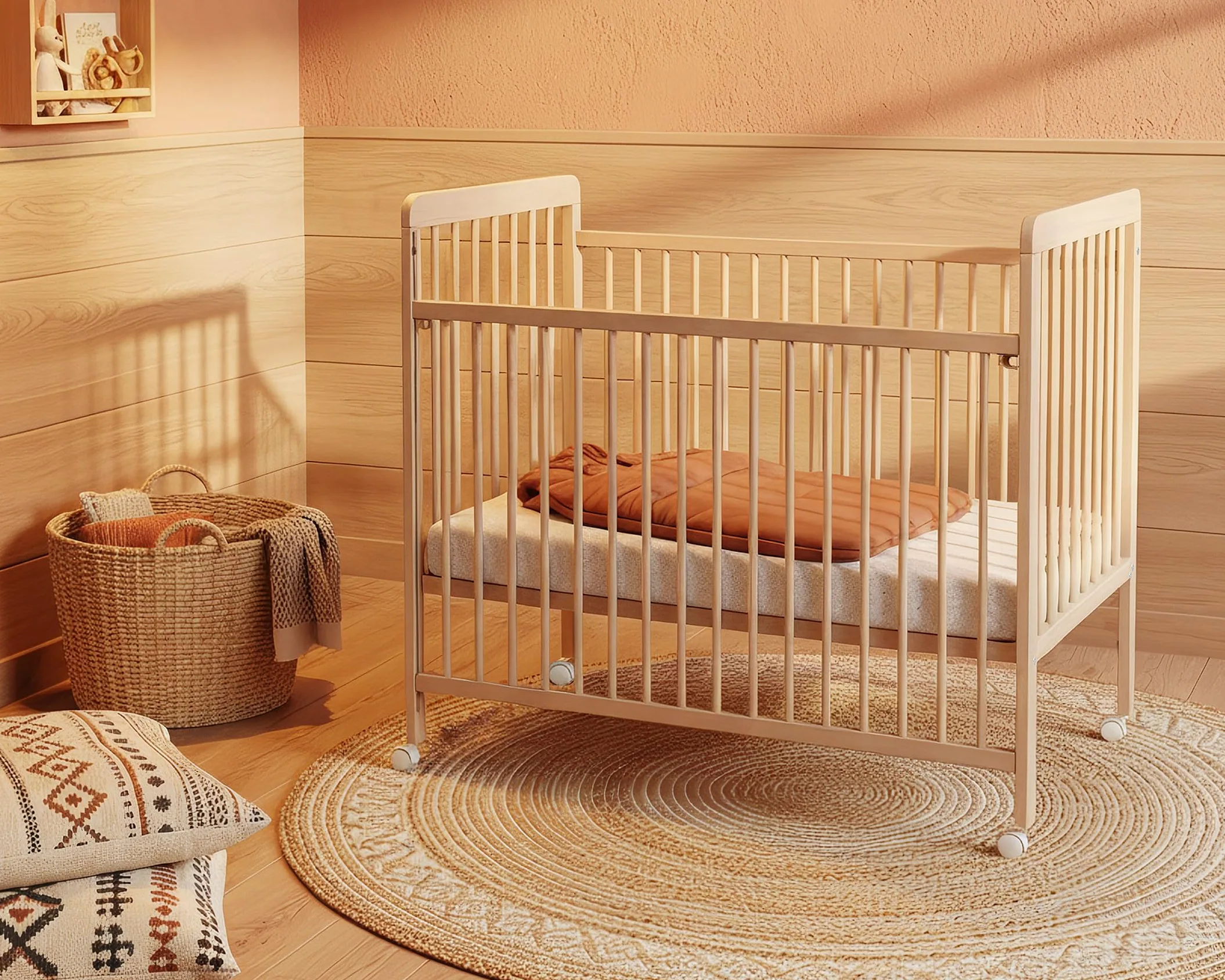 Webaby - Cuna bebé Madera con Barrera Deslizante para bebés 60x120 LIVO Haya barnificada | Base de Caja Ajustable en 3 Alturas | 4 Ruedas multidireccionales con Freno