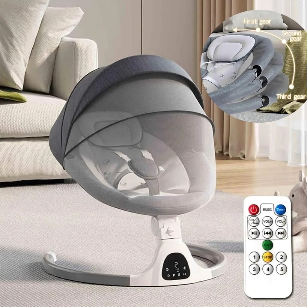 Ajustable Altura Baby Swings Bluetooth, altavoz de música de 5 velocidades con 12 canciones de cuna preestablecidas, control remoto para bebés de 5 a 20 meses, juegos de regalo para bebés (gris)