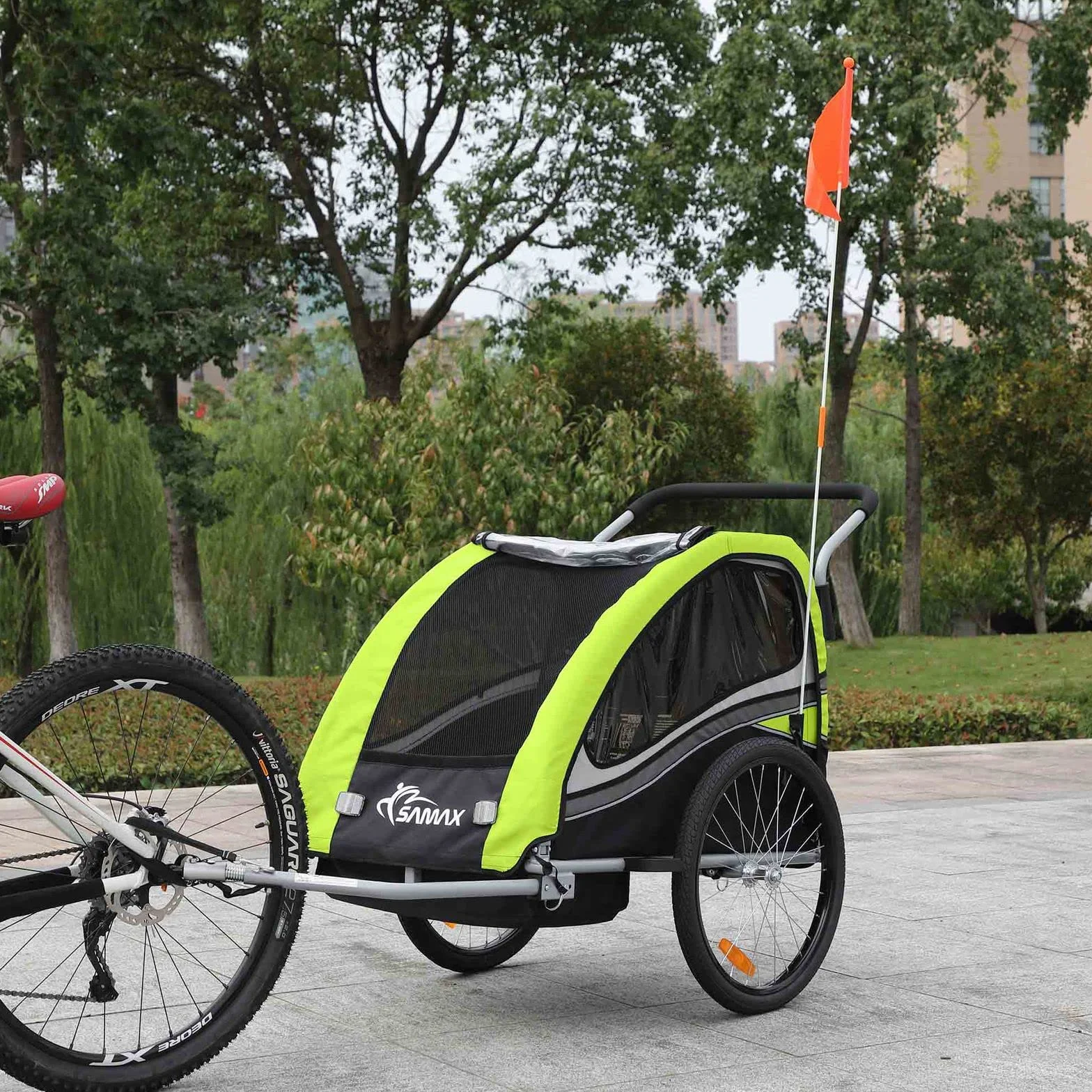 SAMAX Remolque de Bicicleta para Niños 360° girable Kit de Footing Transportín Silla Cochecito Carro Suspensíon Infantil Carro en Verde - Black Edition