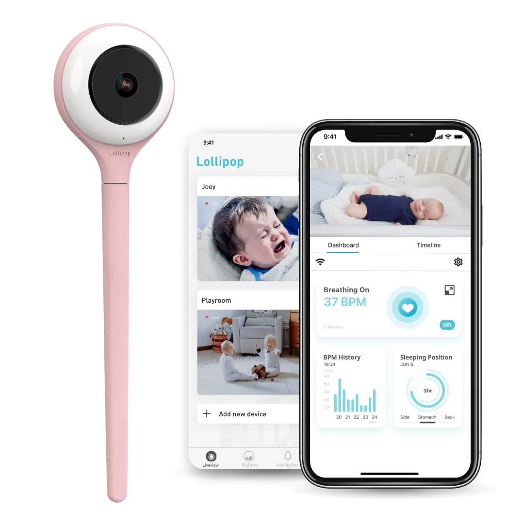 Lollipop Monitor de bebé: cámara inteligente Wi-Fi con todas las funciones de detección de llanto real con plan adicional en la aplicación de monitoreo de respiración/seguimiento del sueño, accesorios