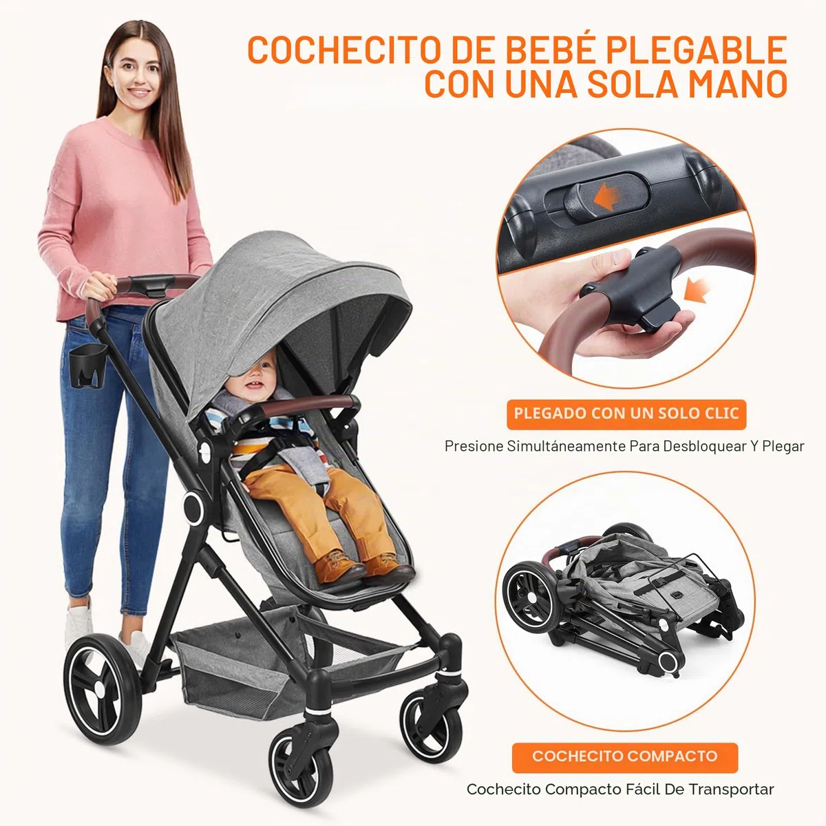 Silla de Paseo Bebé 2 en 1 con Asiento y Cuna Ajustables, Carrito Bebé con Compacto y Ligero, Toldo Retráctil, Cesta de Almacenamiento, Cinturón de Seguridad y Amortiguadores