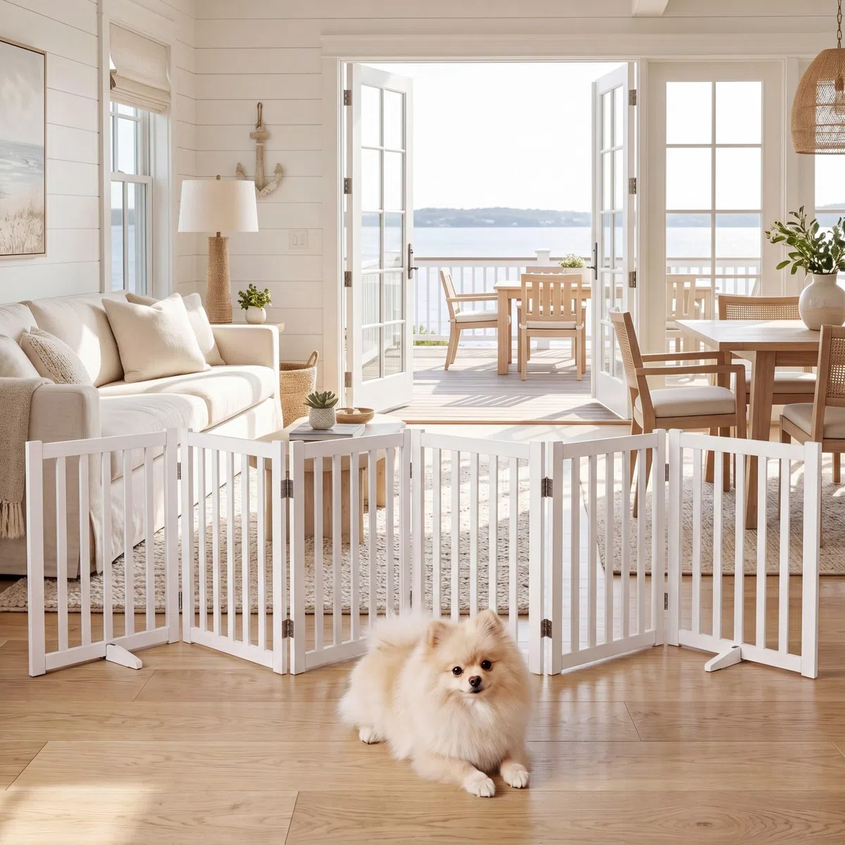 GYMAX Puerta para Perros de 6 Paneles, Valla Interior Plegable de Madera de Caucho con Patas de Apoyo, Barrera de Seguridad Portátil para Escaleras y Pasillos, Blanco