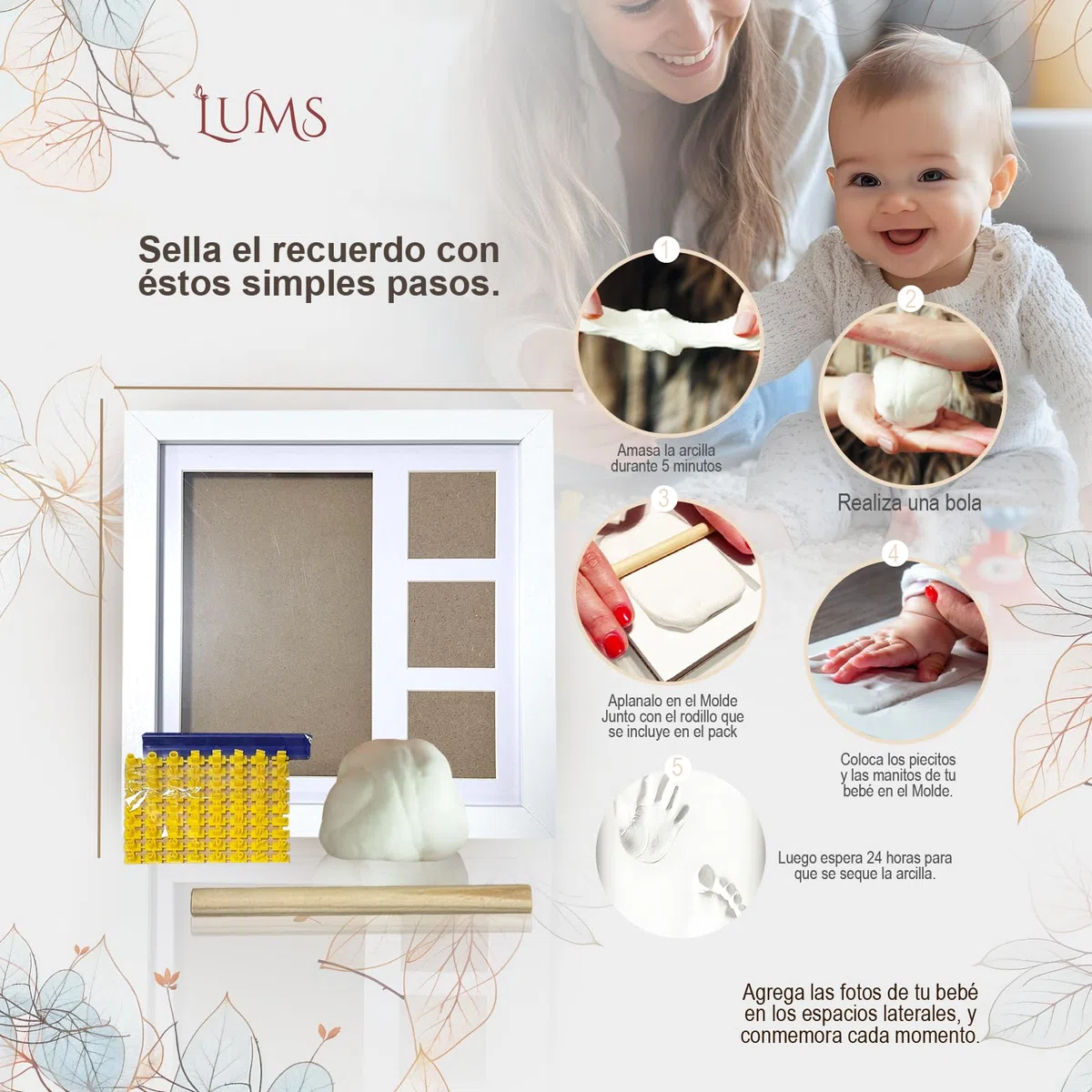 LUMS Canastilla Bebé Recién Nacido | Set Regalo 6 Piezas: Marco Huellas, Manta Bambú, Sonajero, Peine, Tarjeta Madera, Portachupetes y Caja Regalo – Cesta Bebé Unisex para Baby Shower, Nacimiento