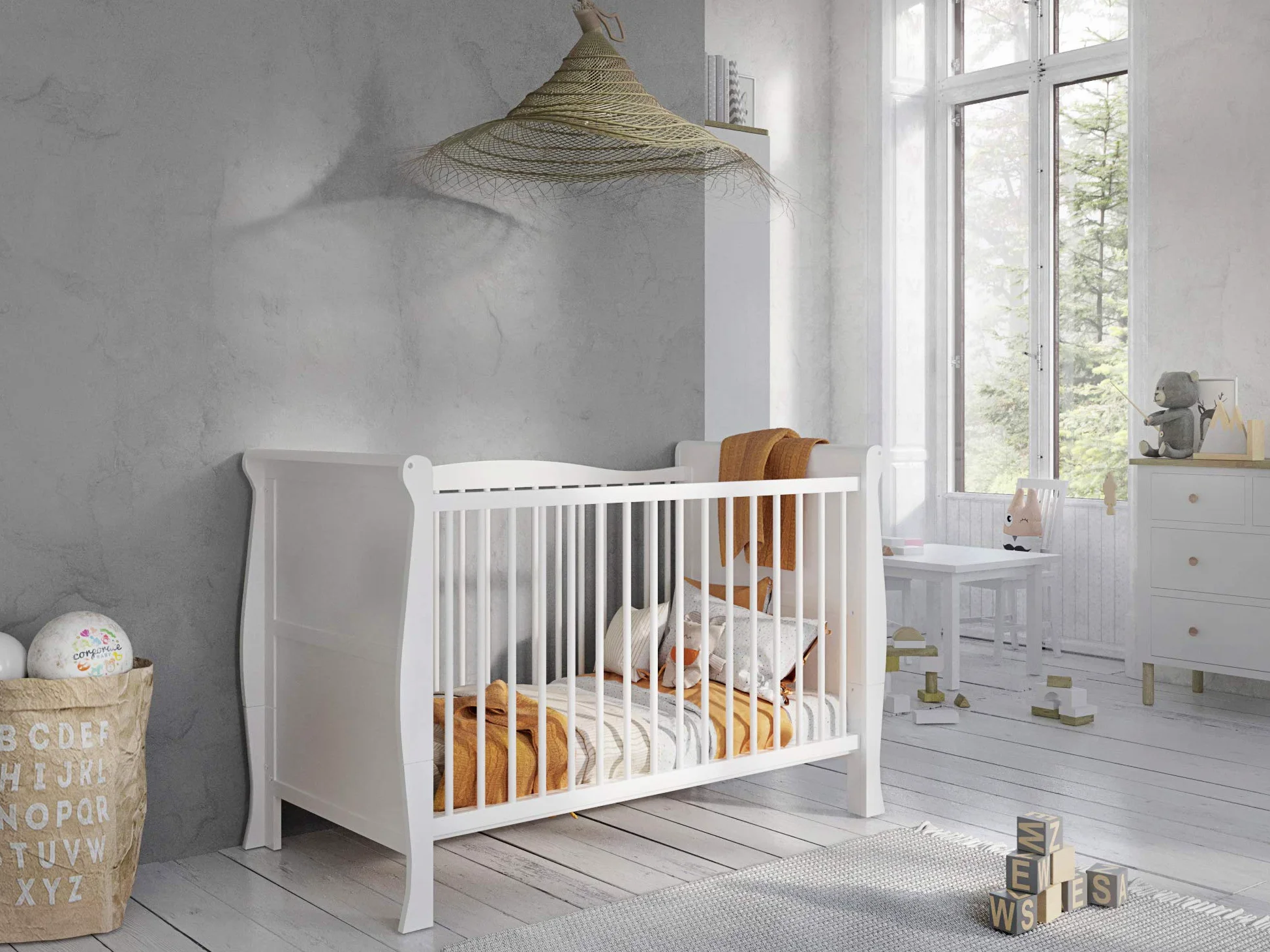 Love For Sleep Cuna Bebe Convertible en Cama 120x60 cm Leo de Madera de Pino Color Blanco– Cuna-Cama para Bebé Convertible en Sofá o Cama Junior