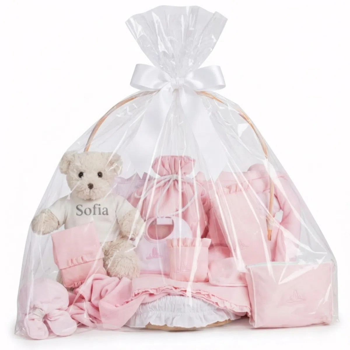 Canastilla Bebe Recien Nacido Personalizada | Cesta Regalos para Bebes Recien Nacidos Premium Clásica Plena | Cesta de Mimbre | 3 a 6 Meses (Rosa) | BebeDeParis