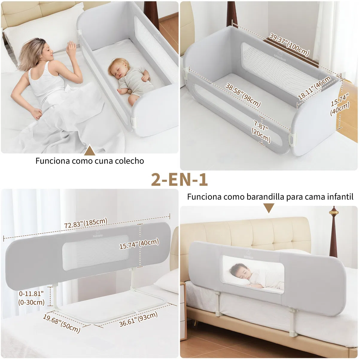 2 en 1 Barrera de Cama Abatible 185cm, Cuna Colecho con Bolsa de Transporte Viaje para Viajar o Vacaciones - Sin instalación, Fácil de Transportar - Gris