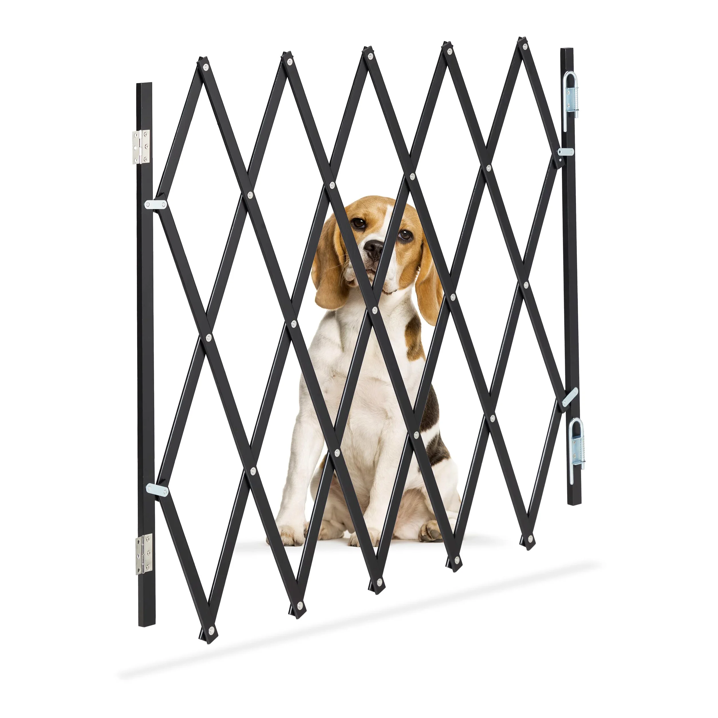 Relaxdays Barrera Seguridad Perros y Niños Bambú L, Valla Escaleras Plegable, hasta 118,5cm, Puerta Mascotas, Negro