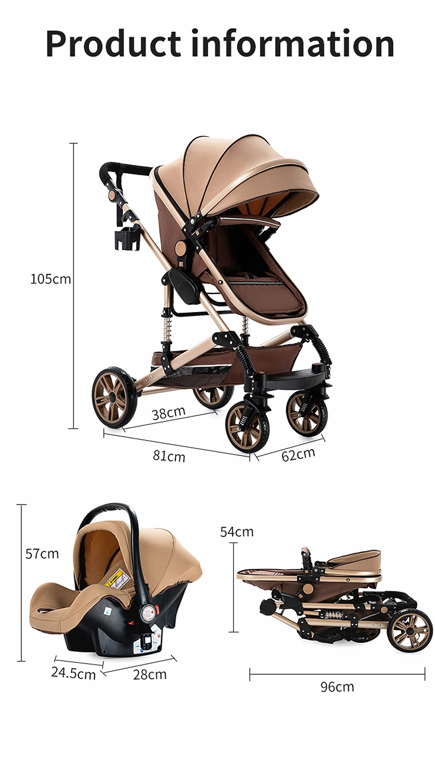 3 en 1 Sistema de Viaje Para Bebé 3 en 1 Cochecito de Paisaje Alto Carrito con Capazo Silla de Paseo Cochecito de Bebé Reclinable Cochecito Estándar Plegable de Recién Nacido (grey 739)