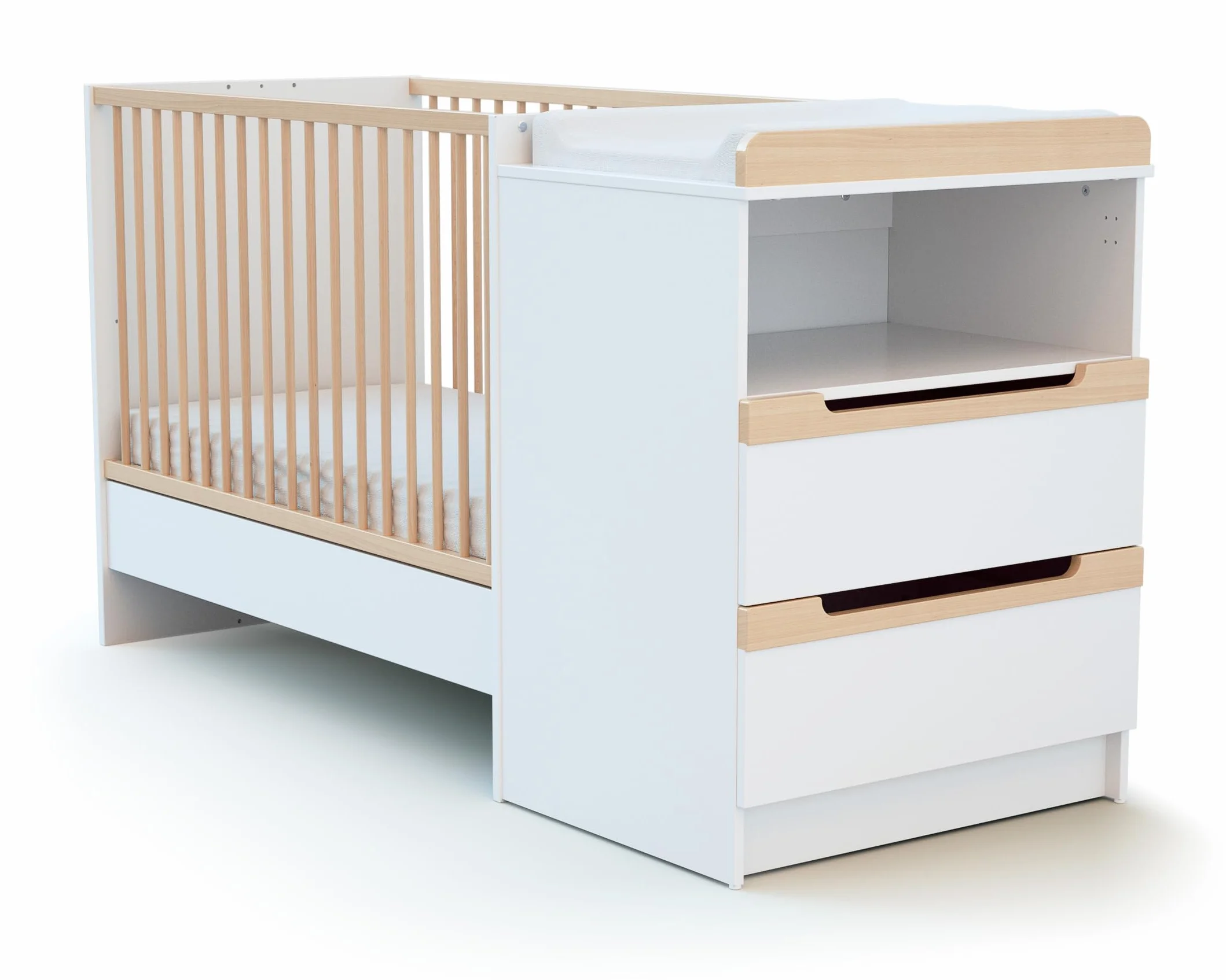 AT4 - Cuna bebé y cómoda cambiador CARROUSEL madera - Blanco/Haya Barnizada - 60 x 120-194 x 94 x 70 cm