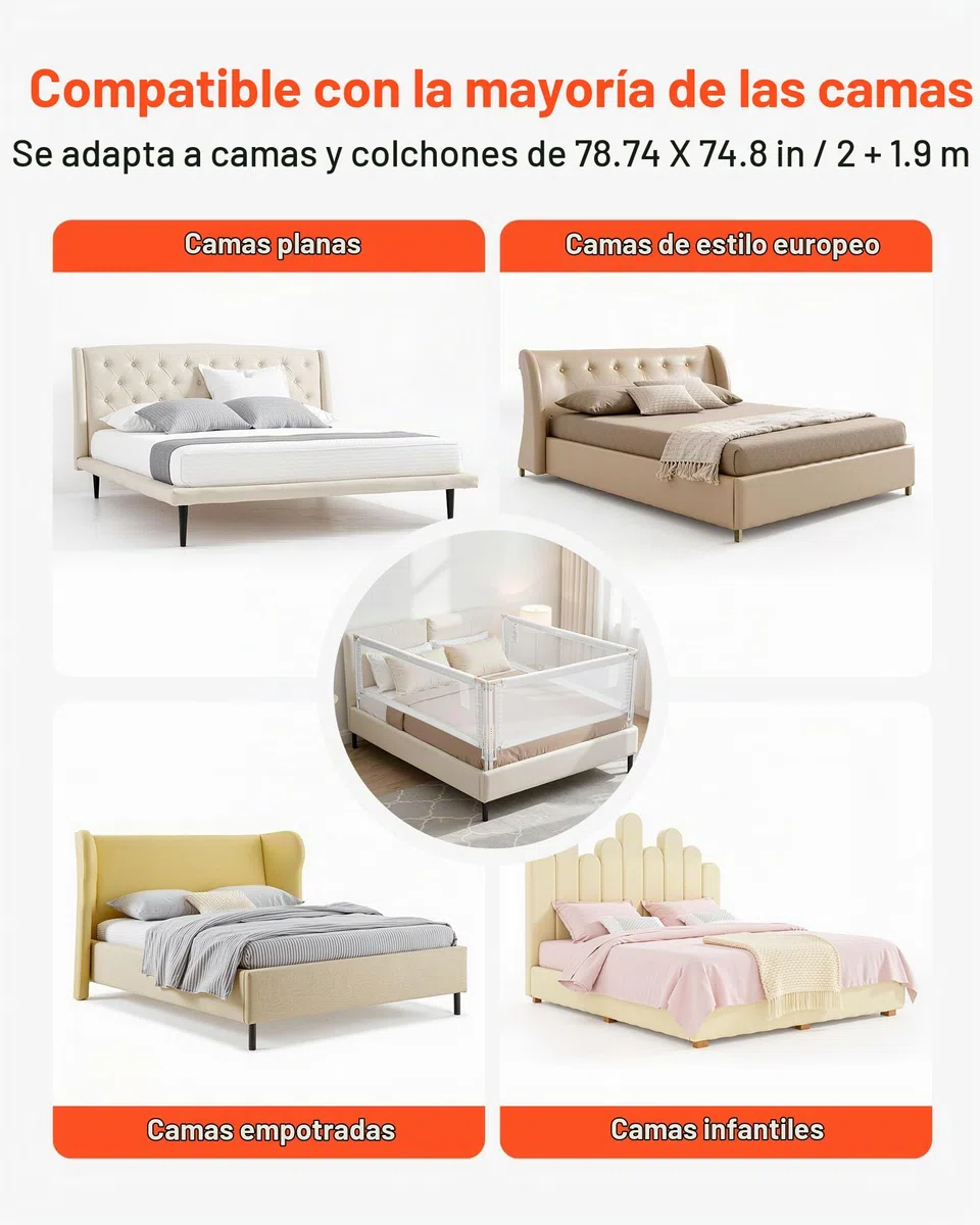 VEVOR Barandilla de Cama Infantil de 3 Lados, Tubo de Hierro Reforzado, Tela Oxford, Altura Ajustable de 68 a 89 cm, para Camas Tamaño King, Grosor de Colchón de 5 a 27 cm, 2000 x 620 mm, Gris