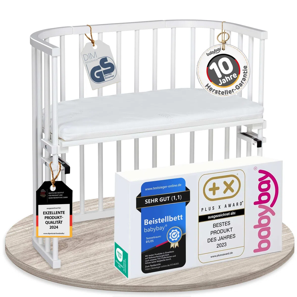 Babybay Original cuna colecho de madera de haya maciza con colchón Classic Soft para el día y la noche/Cuna regulable en altura & ecológica/Cuna que crece con el niño, lacando blanco
