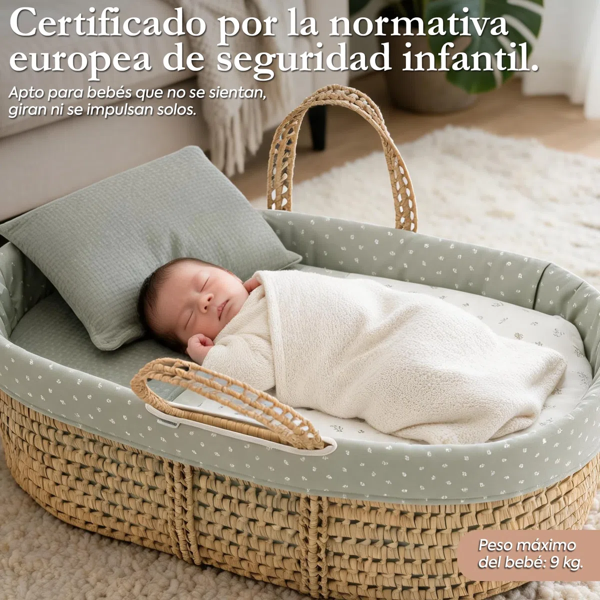 Cambrass Moises de Palma UNE Completo para Bebe Recien Nacido con Vestidura Acolchada y Colchon de Seguridad Higienica en Palma Tratada 39x80x25 CM Ardi Verde.