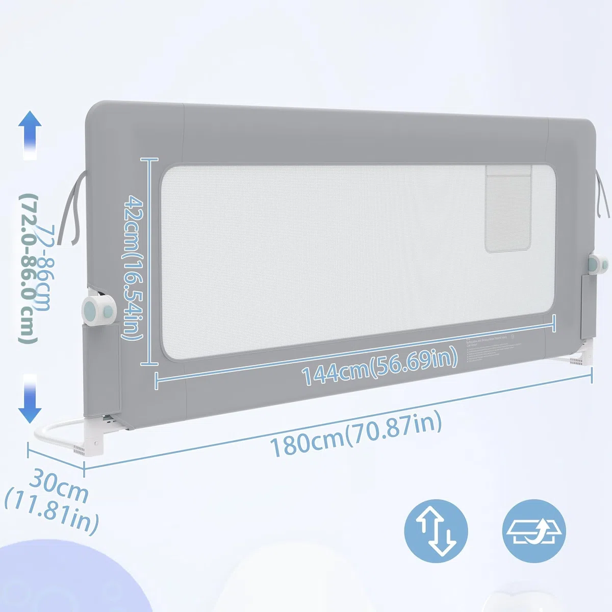 NAIZY Protección anticaídas para cama barandilla 180cm plegable barrera de cama bebé con bolsillos de almacenamiento, barrera protectora de cama ajustable en altura barrera para cama infantil para
