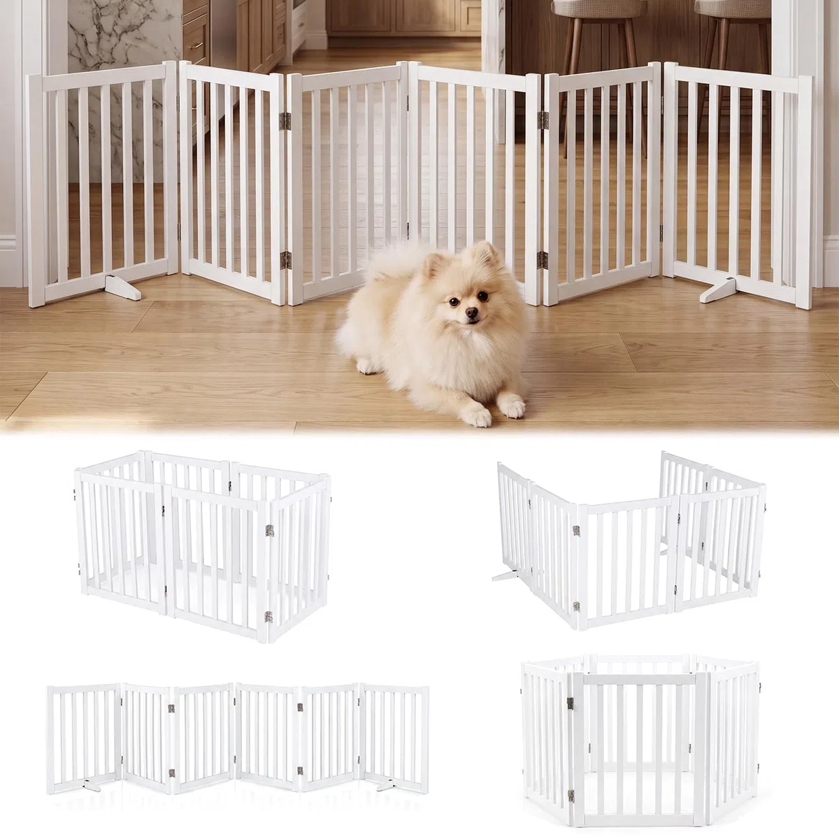 GYMAX Puerta para Perros de 6 Paneles, Valla Interior Plegable de Madera de Caucho con Patas de Apoyo, Barrera de Seguridad Portátil para Escaleras y Pasillos, Blanco