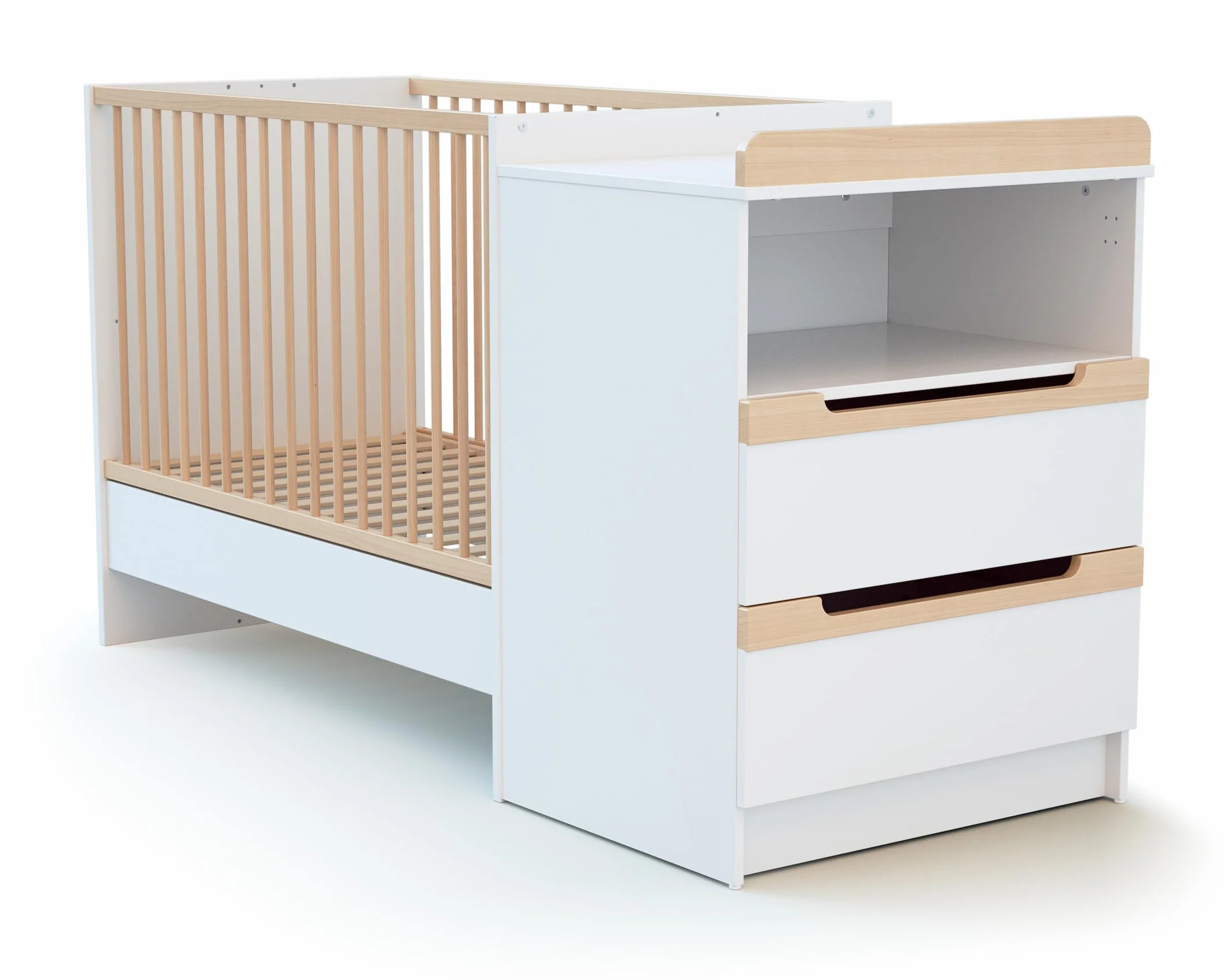 AT4 - Cuna bebé y cómoda cambiador CARROUSEL madera - Blanco/Haya Barnizada - 60 x 120-194 x 94 x 70 cm