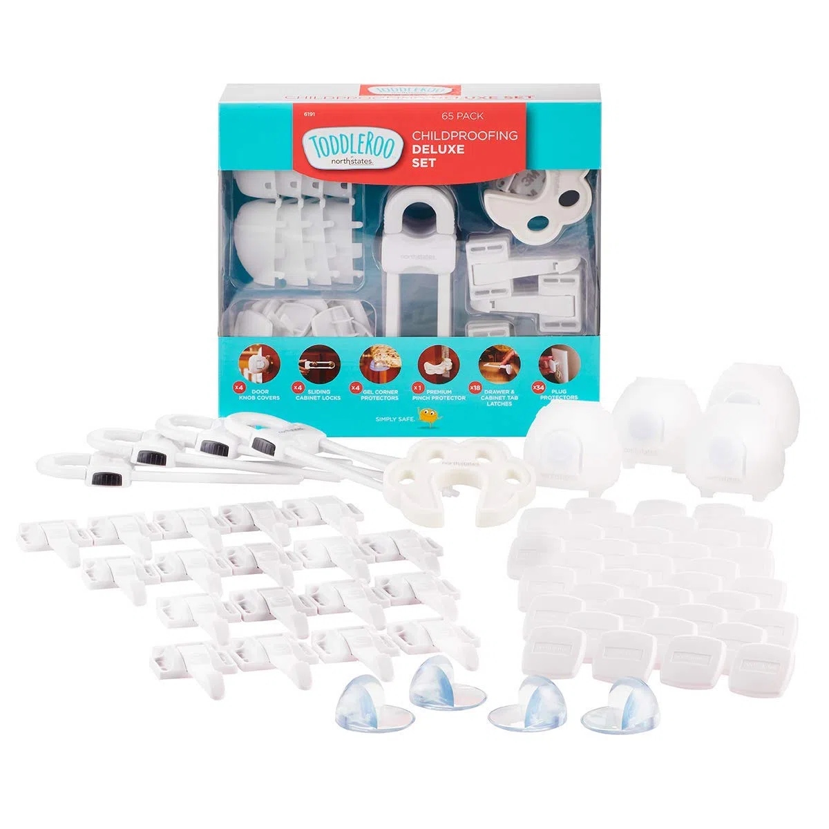 Toddleroo by North States Kit de Lujo a Prueba de niños | 4 Cubiertas de pomos de Puerta, 34 Protectores de Enchufe, 18 pestillos y 1 Protector de pellizco, 4 Esquinas de Gel, 4 cerraduras de