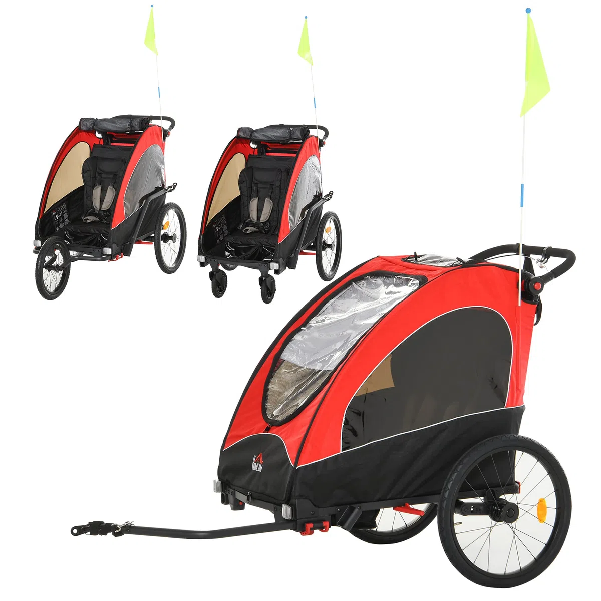 HOMCOM Remolque Infantil 3 en 1 Aluminio niños Jogger Remolque Bicicleta Remolque Bicicleta para 2 niños con Bandera Rojo+Negro 150 x 85 x 107 cm