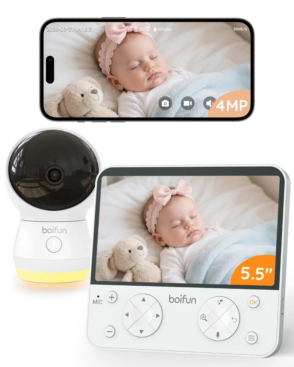 BOIFUN 5.5" Cámara Vigilancia Bebé con WiFi y App 2.5K/4MP, Visión Nocturna Invisible, IA Alerta de Cara Tapada y Sueño Seguro, Audio Bidireccional y Luz Nocturna Infantil, 360° Seguimiento Automático