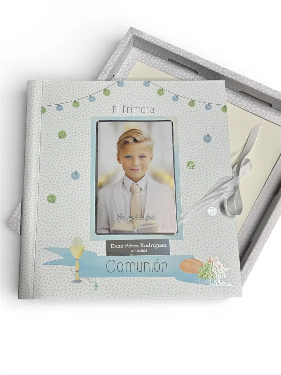 Libro de Comunión para Firmas Personalizado con Nombre y Fecha - Libro de Firmas y Fotos con Placa Grabada (Azul)