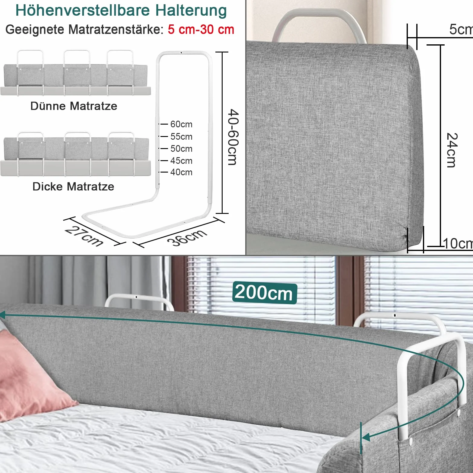 FIVMEN Barrera para cama de 200 cm, 40 – 60 cm, 5 agujeros, altura ajustable, borde de cama flexible
