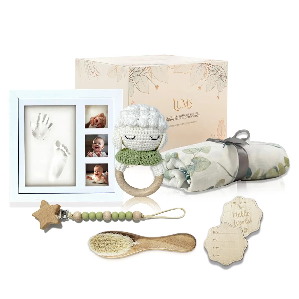 LUMS Canastilla Bebé Recién Nacido | Set Regalo 6 Piezas: Marco Huellas, Manta Bambú, Sonajero, Peine, Tarjeta Madera, Portachupetes y Caja Regalo – Cesta Bebé Unisex para Baby Shower, Nacimiento