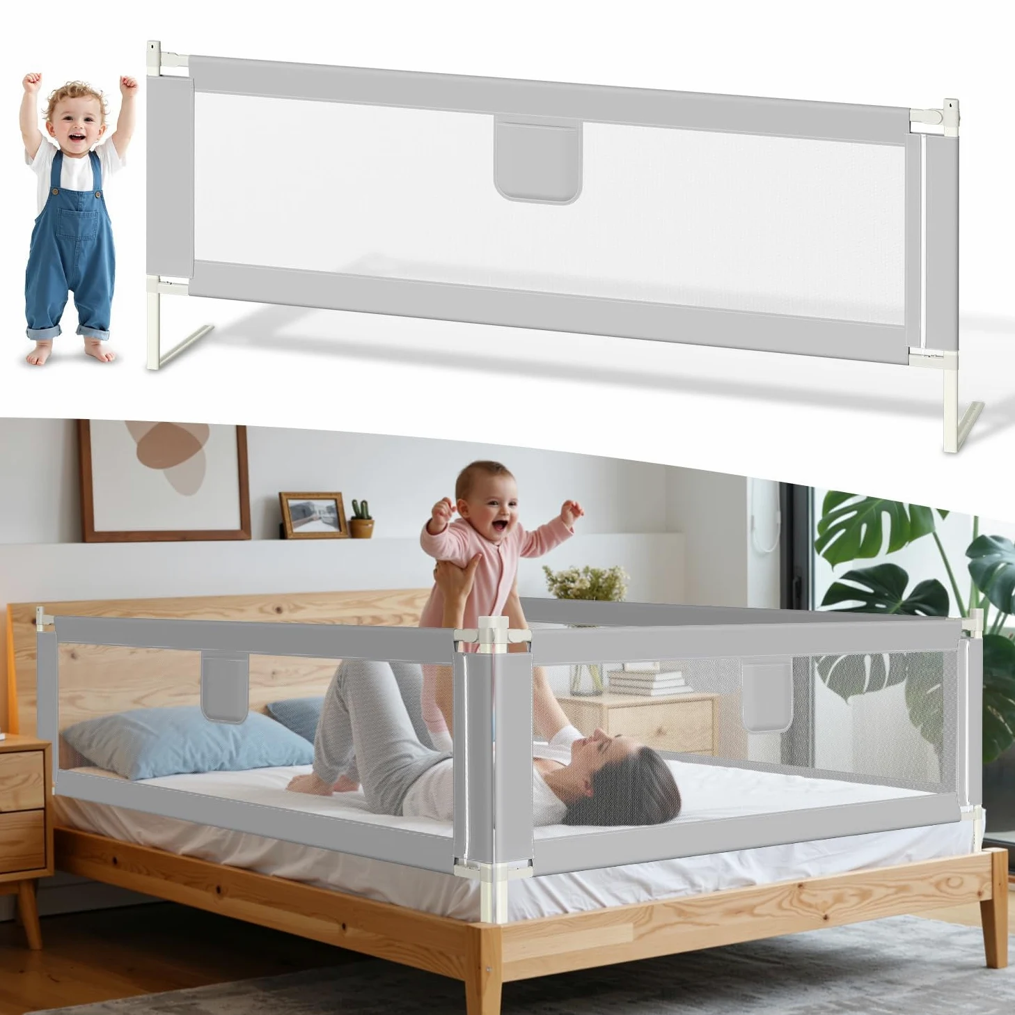 Ikodm Barrera para cama de 200 cm x 2 + 180 cm x 1, altura regulable 64-96 cm, para bebés y niños, con interruptor de doble botón, fácil montaje, color gris